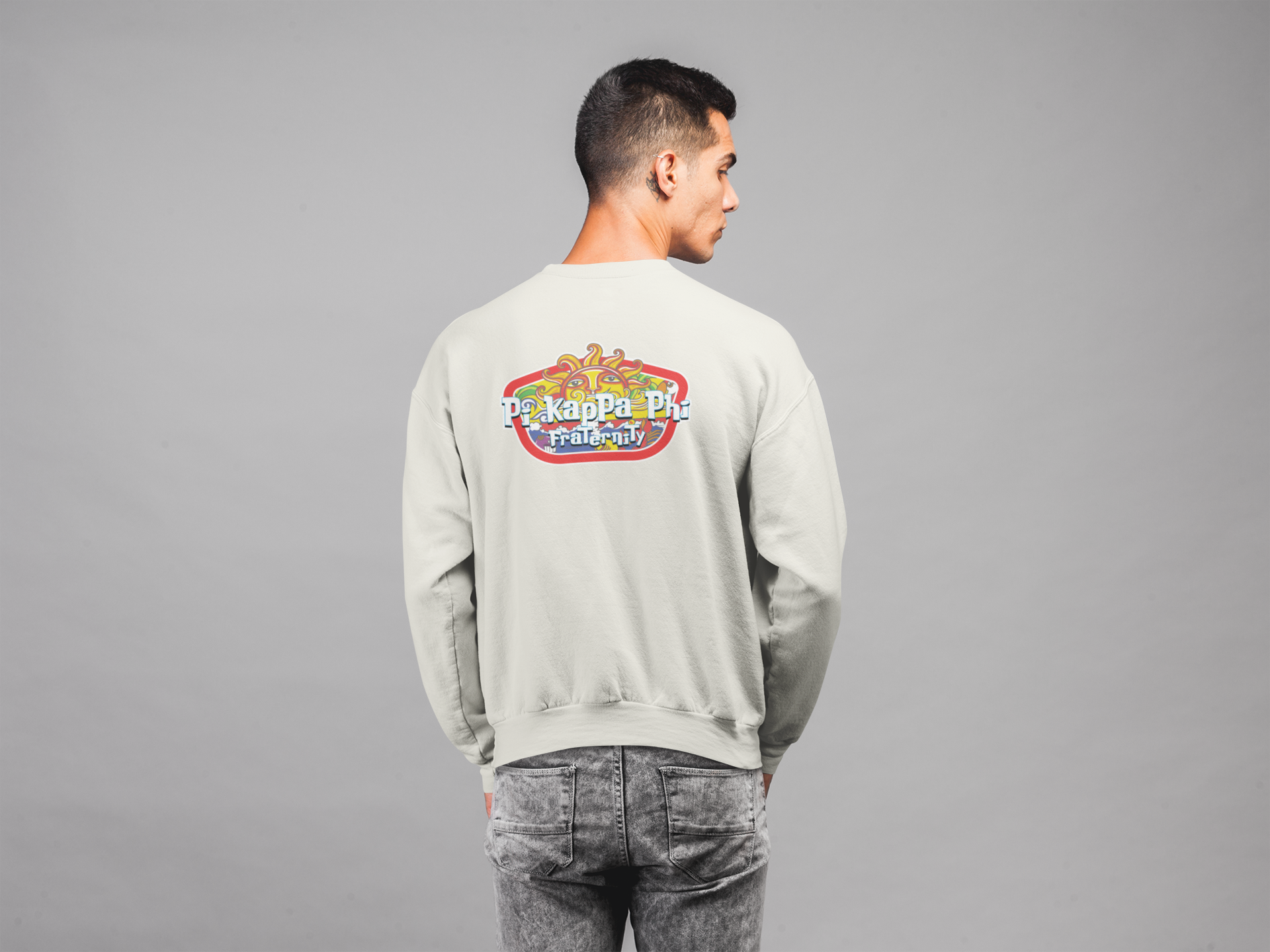 white Pi Kappa Phi Graphic Crewneck Sweatshirt | Summer Sol | Pi Kappa Phi Apparel and Merchandise model 