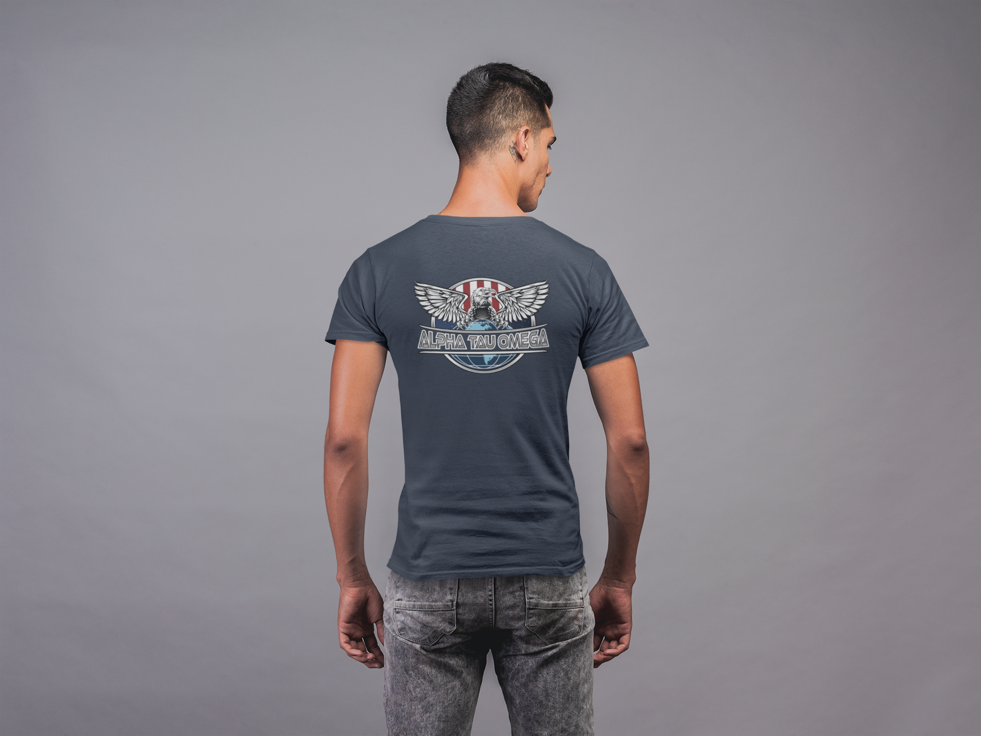 navy Alpha Tau Omega Graphic T-Shirt | The Fraternal Order | Alpha Tau Omega Apparel model 