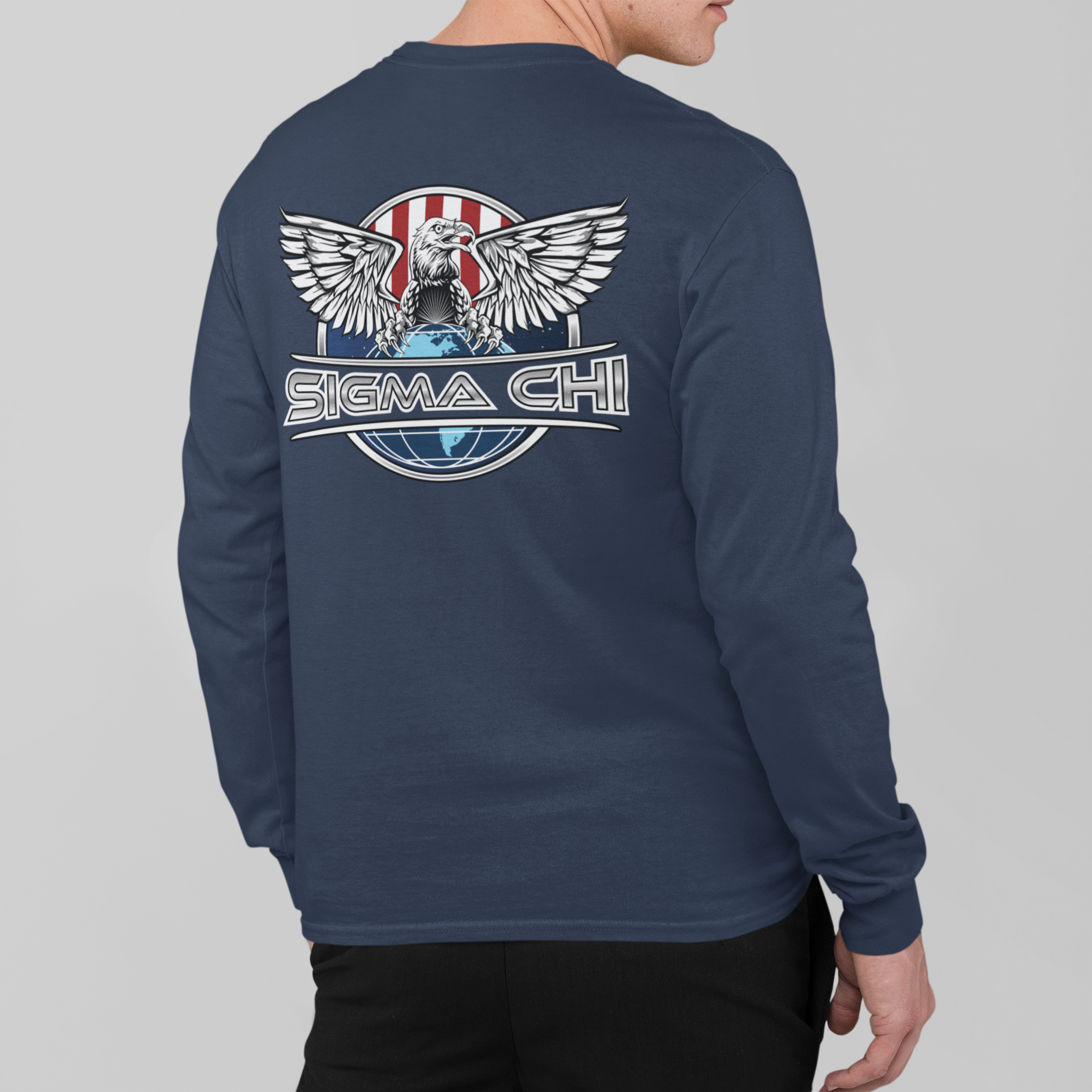 Navy Sigma Chi Graphic Long Sleeve | The Fraternal Order | Sigma Chi Fraternity Merch House model 