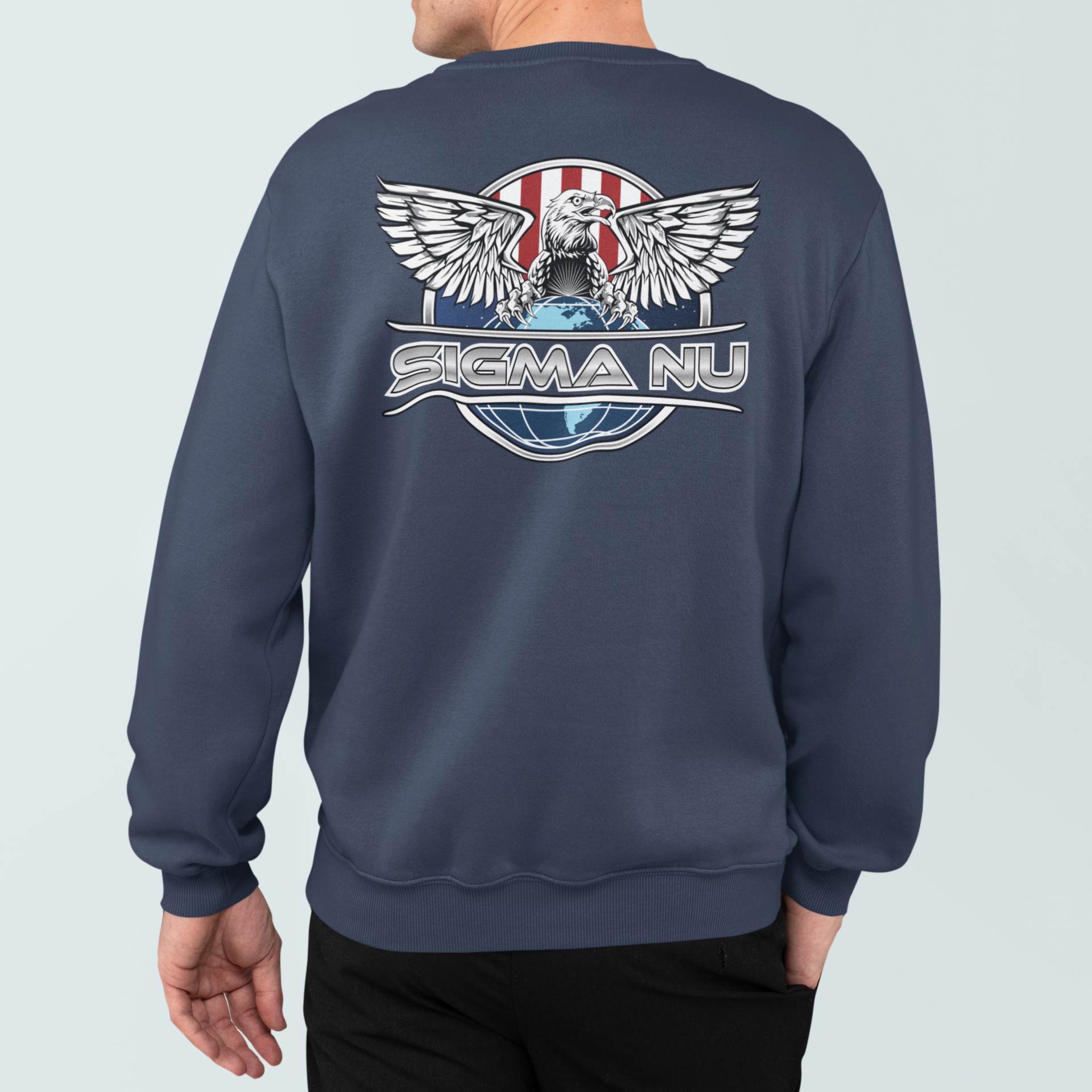 Navy Sigma Nu Graphic Crewneck Sweatshirt | The Fraternal Order | Sigma Nu Clothing, Apparel and Merchandise model