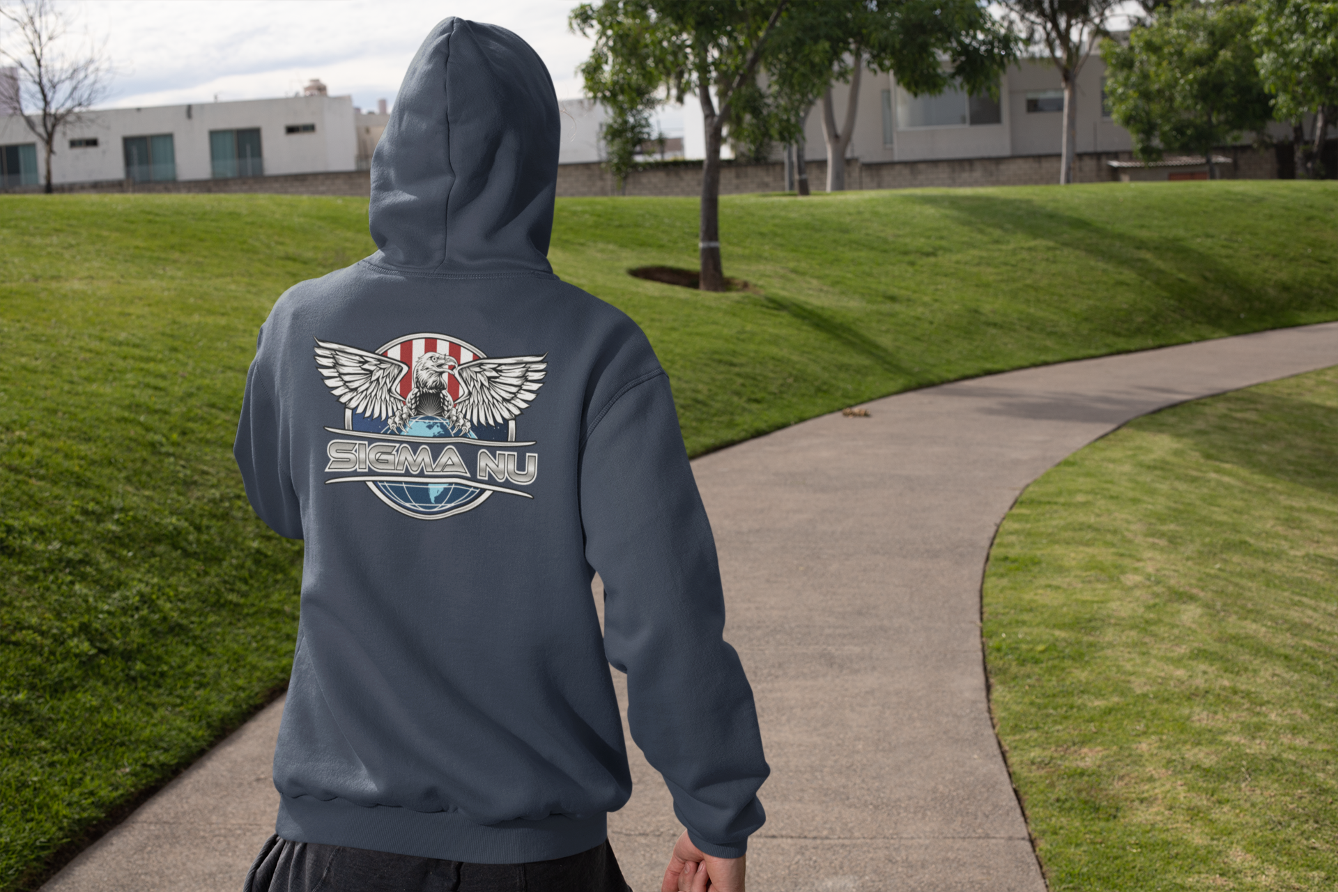 Navy Sigma Nu Graphic Hoodie | The Fraternal Order | Sigma Nu Clothing, Apparel and Merchandise model