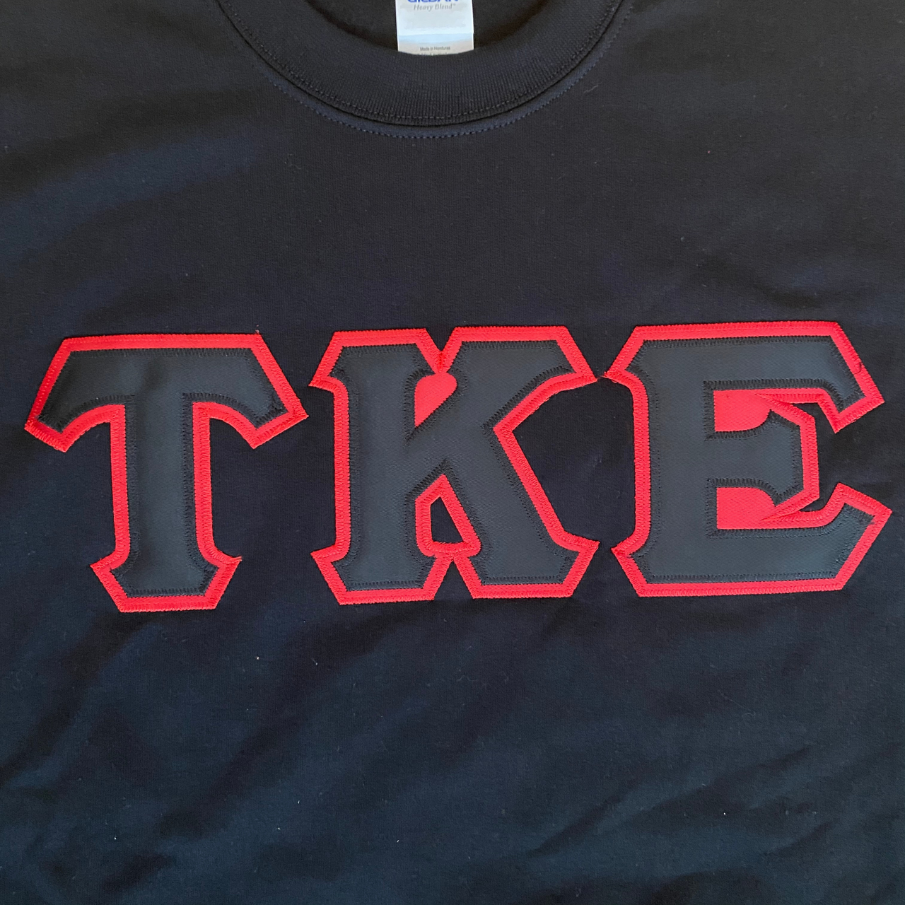 Tau Kappa Epsilon Stitched Letter Crewneck | Black | Black with Red Border