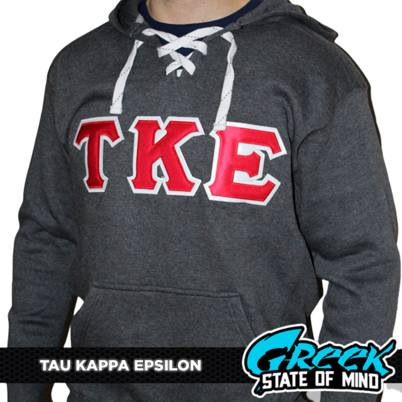 Tau Kappa Epsilon Stitched Letter Hockey Hoodie | Charcoal | Red with White Border