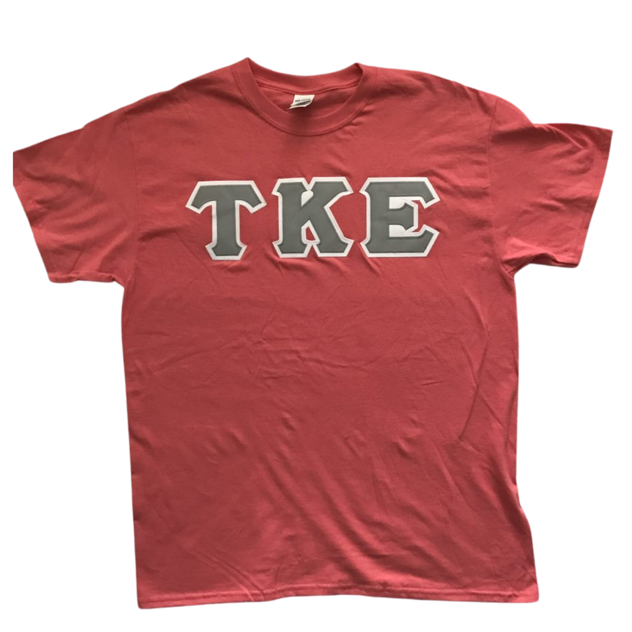 Tau Kappa Epsilon Stitched Letter T-Shirt | Coral Silk | Gray with White Border