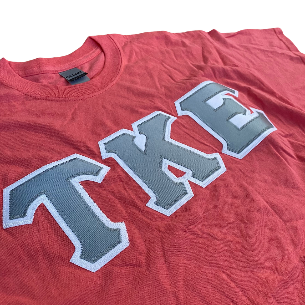 Tau Kappa Epsilon Stitched Letter T-Shirt | Coral Silk | Gray with White Border