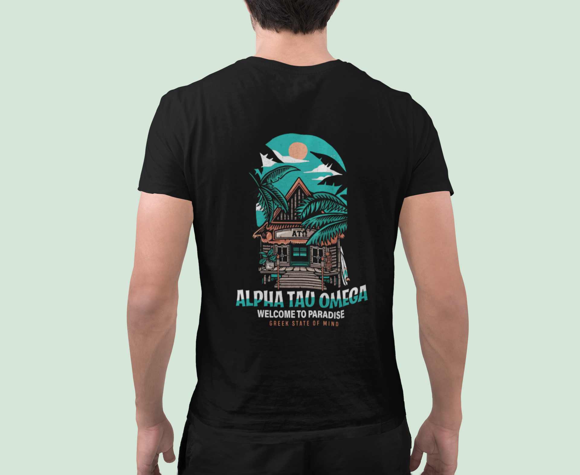 black Alpha Tau Omega Graphic T-Shirt | Welcome to Paradise | Alpha Tau Omega Apparel back model 