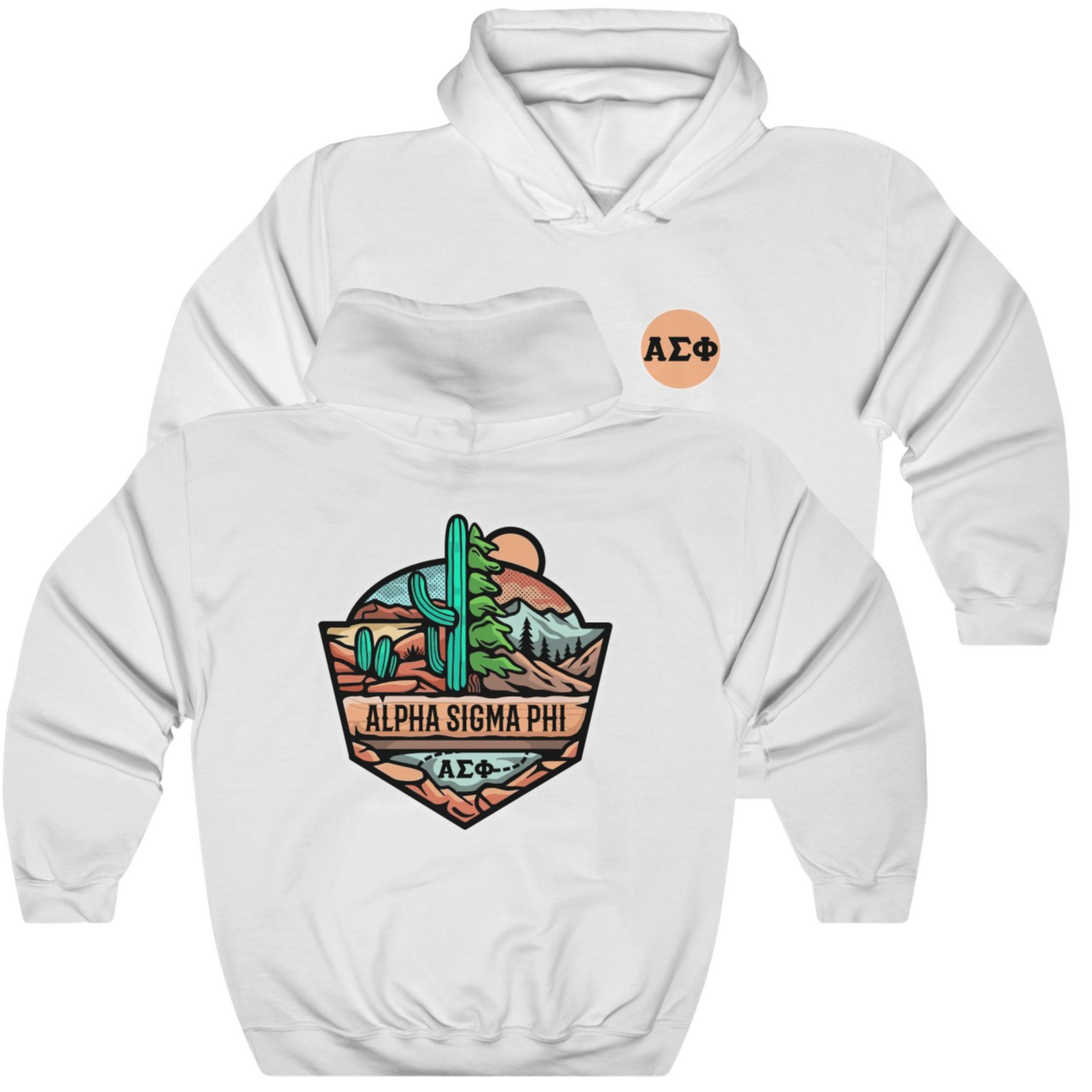 White Alpha Sigma Phi Graphic Hoodie | Desert Mountains | Alpha Sigma Phi Fraternity Shirt
