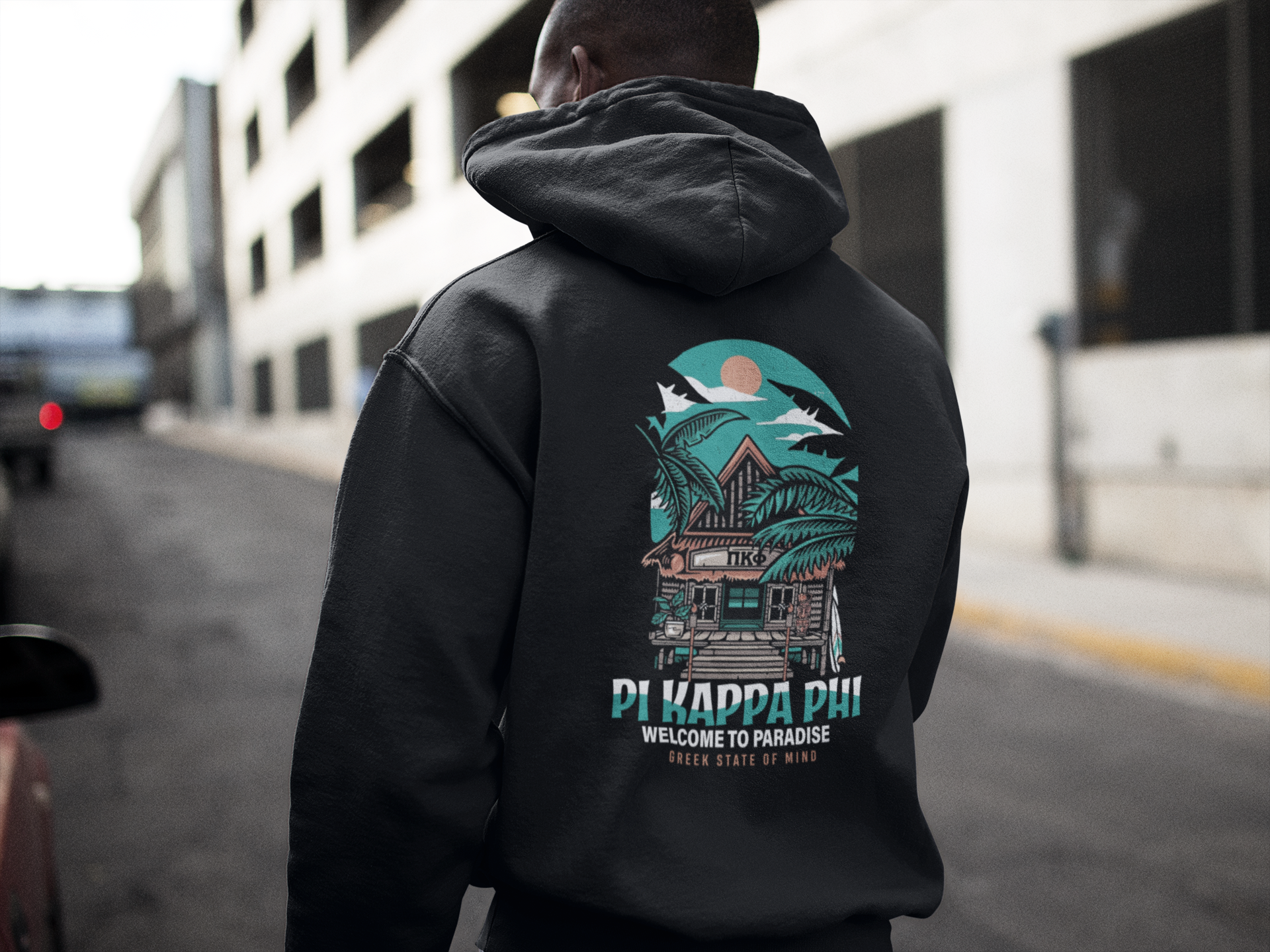 Pi Kappa Phi Graphic Hoodie | Welcome to Paradise | Pi Kappa Phi Apparel and Merchandise model 