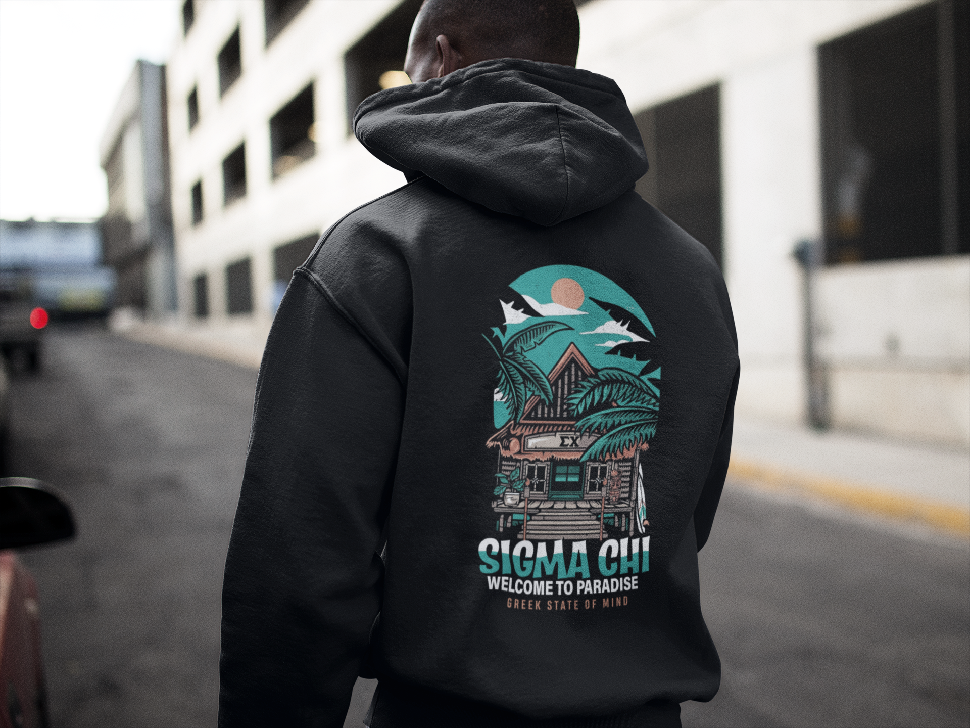 Sigma Chi Graphic Hoodie | Welcome to Paradise | Sigma Chi Fraternity Merch House back model 