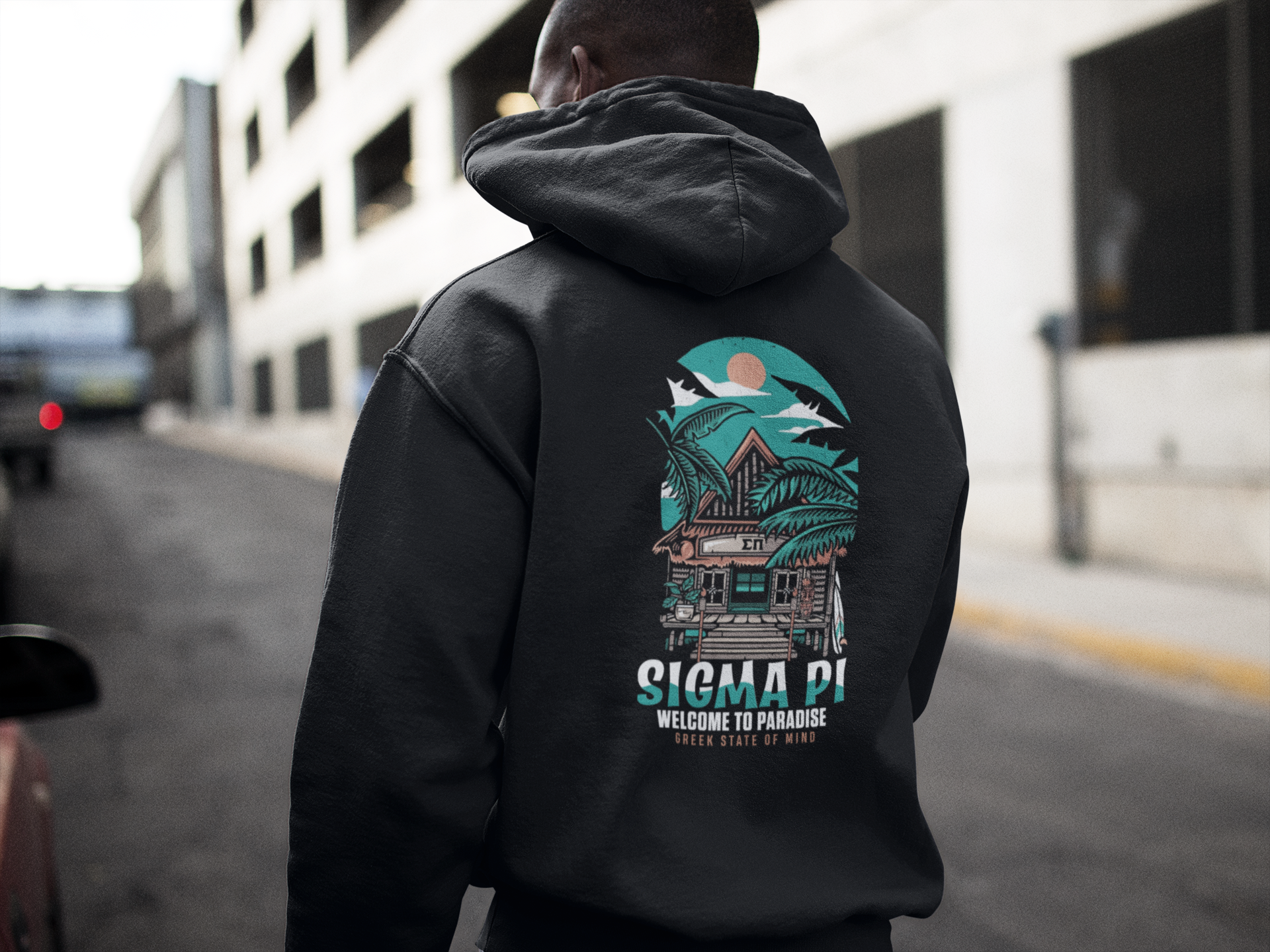 Sigma Pi Graphic Hoodie | Welcome to Paradise | Sigma Pi Apparel and Merchandise model 