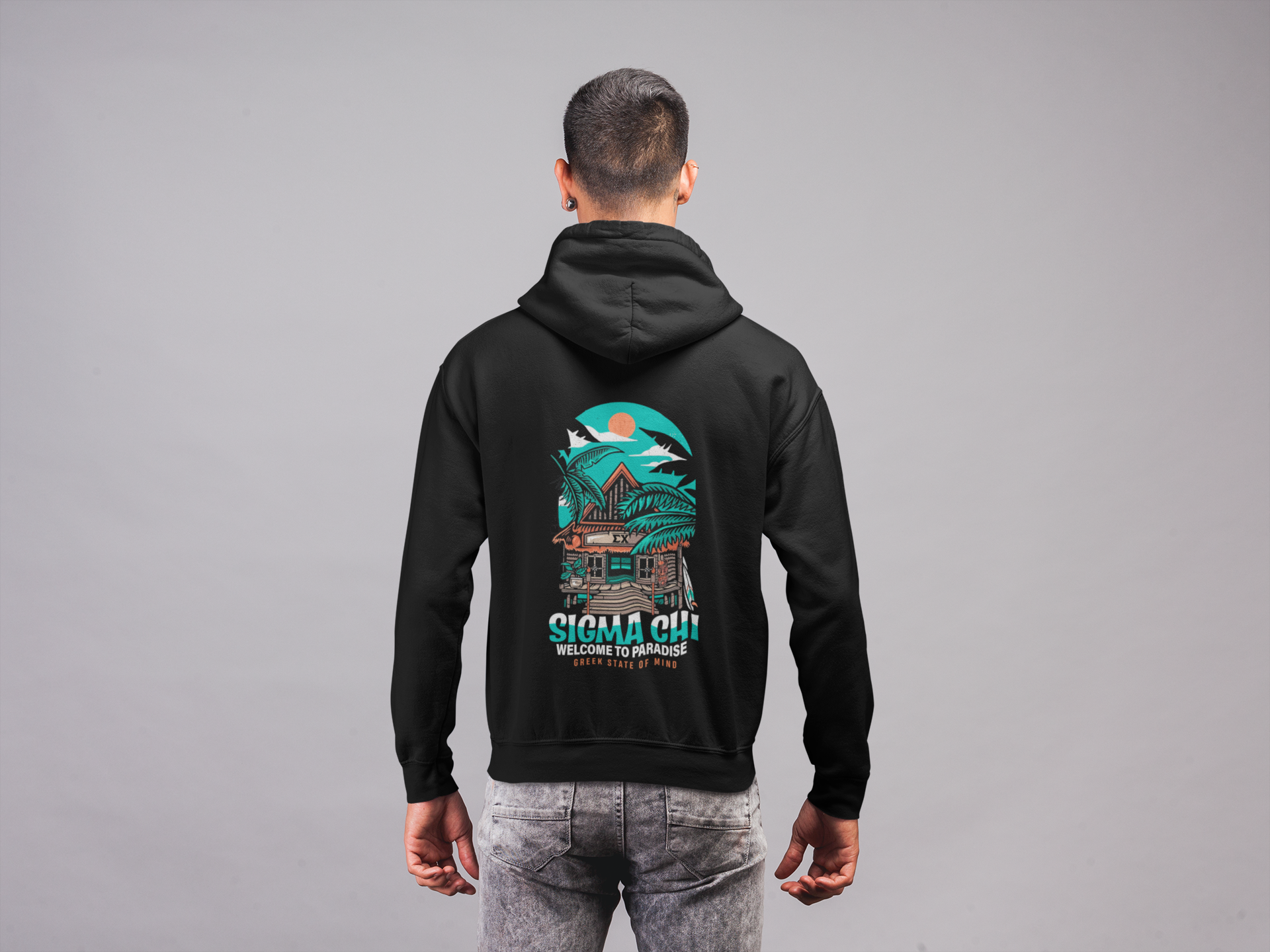 Sigma Chi Graphic Hoodie | Welcome to Paradise | Sigma Chi Fraternity Merch House model 