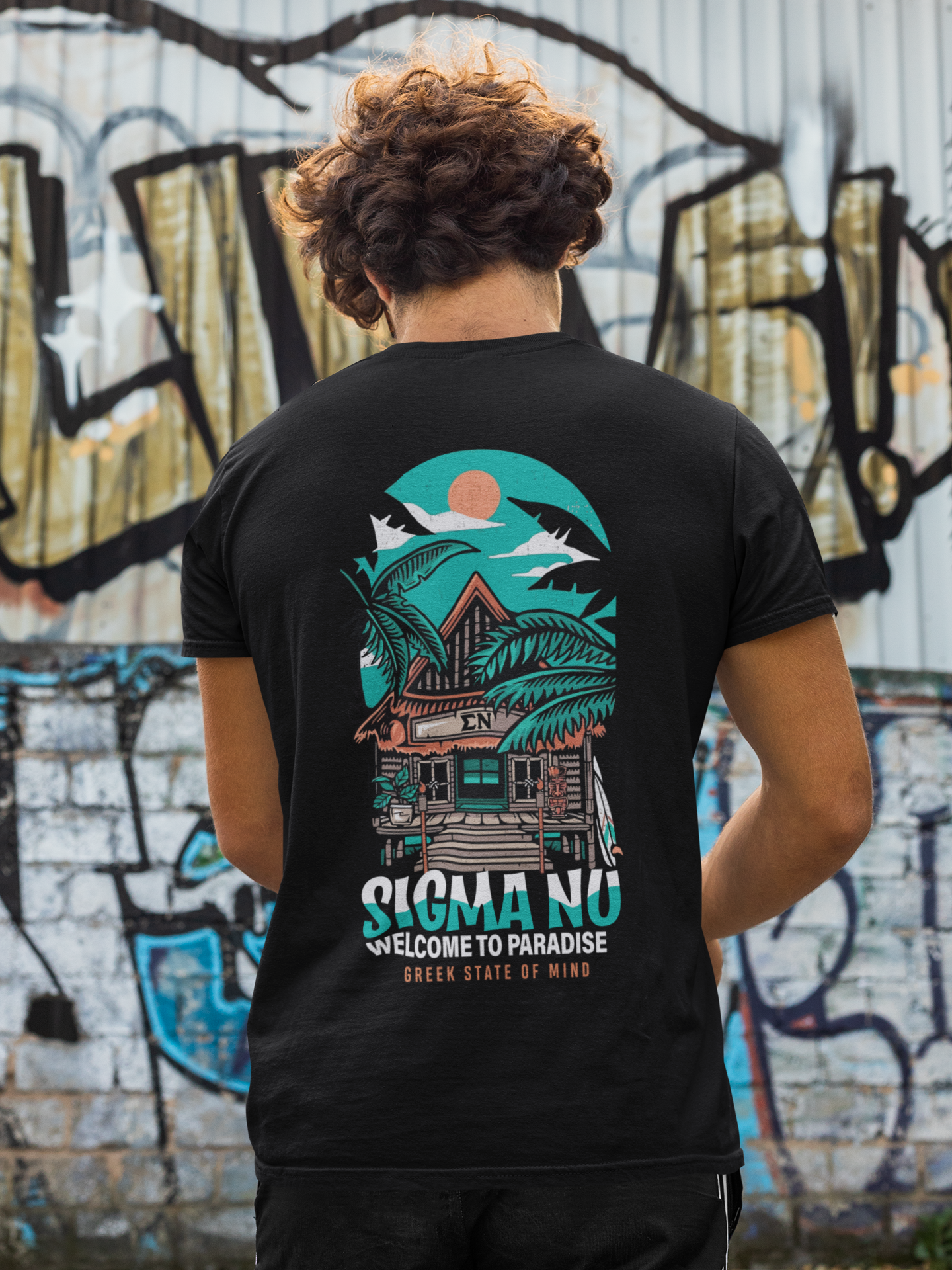 Sigma Nu Graphic T-Shirt | Welcome to Paradise | Sigma Nu Clothing, Apparel and Merchandise model 