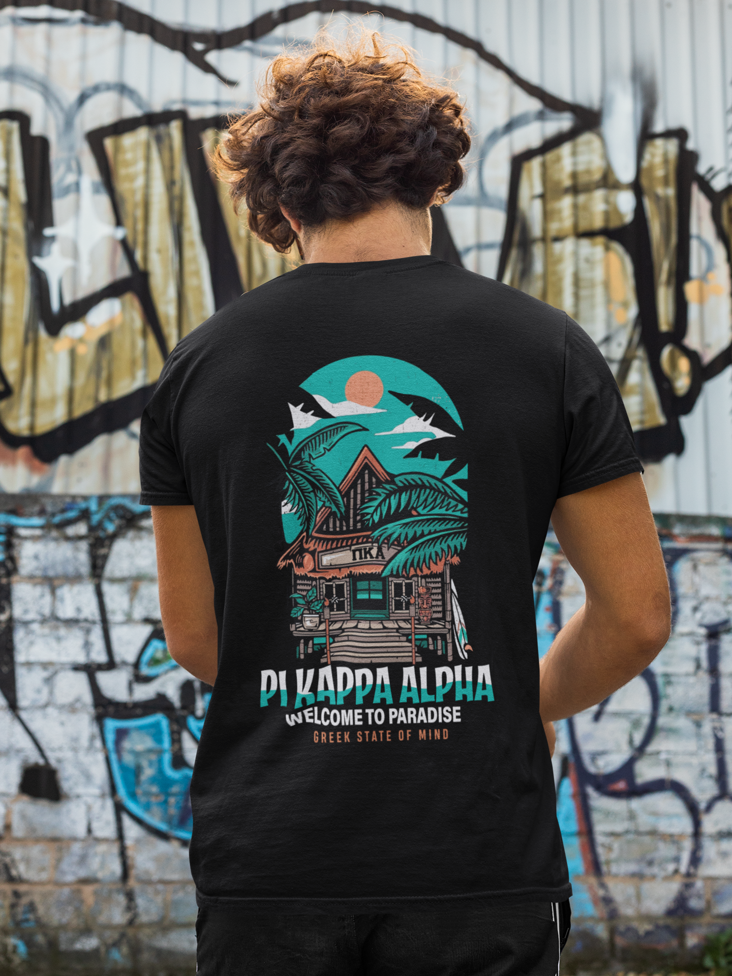 Pi Kappa Alpha Graphic T-Shirt | Welcome to Paradise | Pi kappa alpha fraternity shirt model