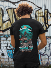 Sigma Chi Graphic T-Shirt | Welcome to Paradise | Sigma Chi Fraternity Merch House model 