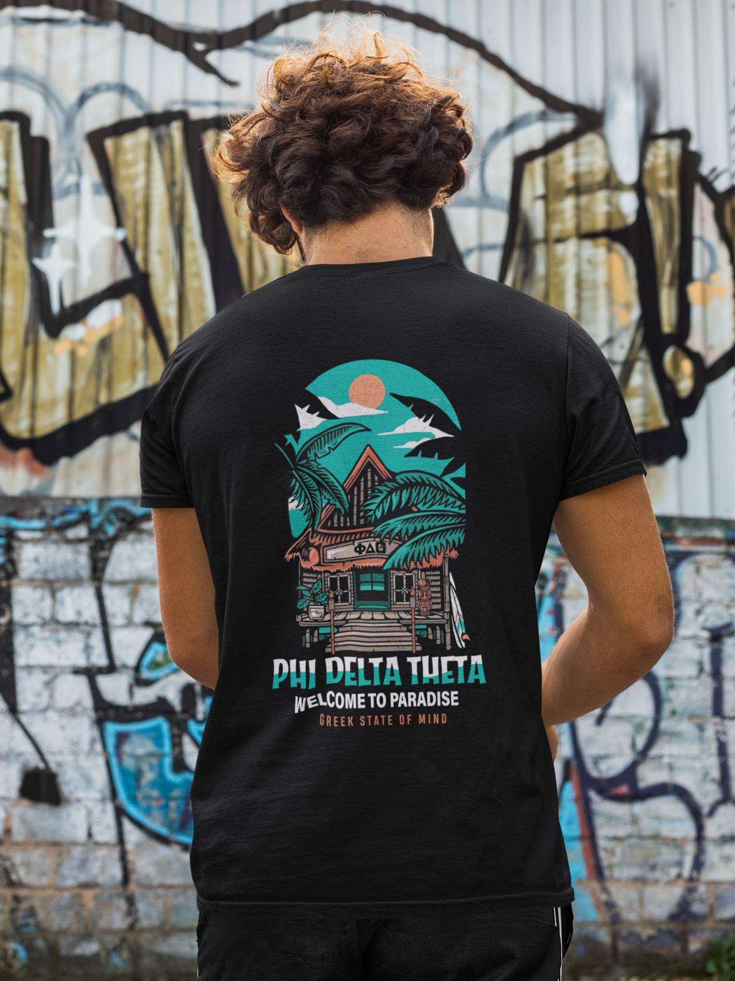 black Phi Delta Theta Graphic T-Shirt | Welcome to Paradise | phi delta theta fraternity greek apparel model 