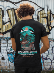 black Sigma Alpha Epsilon Graphic T-Shirt | Welcome to Paradise | Sigma Alpha Epsilon Clothing and Merchandise model 
