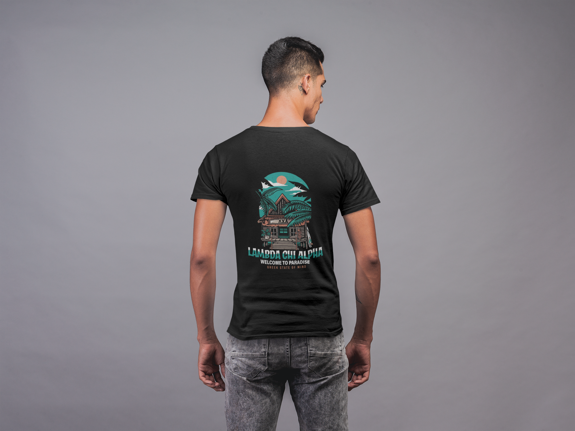 black Lambda Chi Alpha Graphic T-Shirt | Welcome to Paradise | Lambda Chi Alpha Fraternity Shirt model 