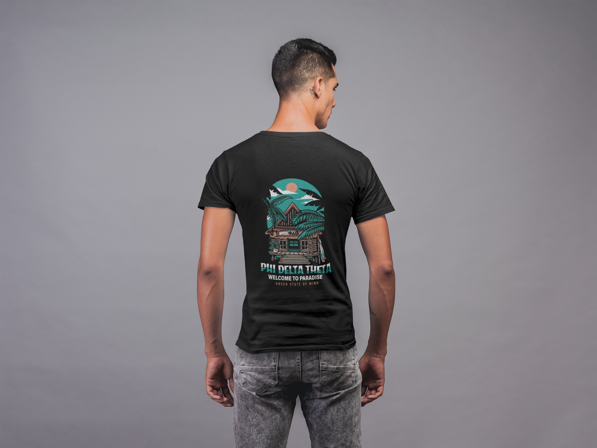 Phi Delta Theta Graphic T-Shirt | Welcome to Paradise | phi delta theta fraternity greek apparel model