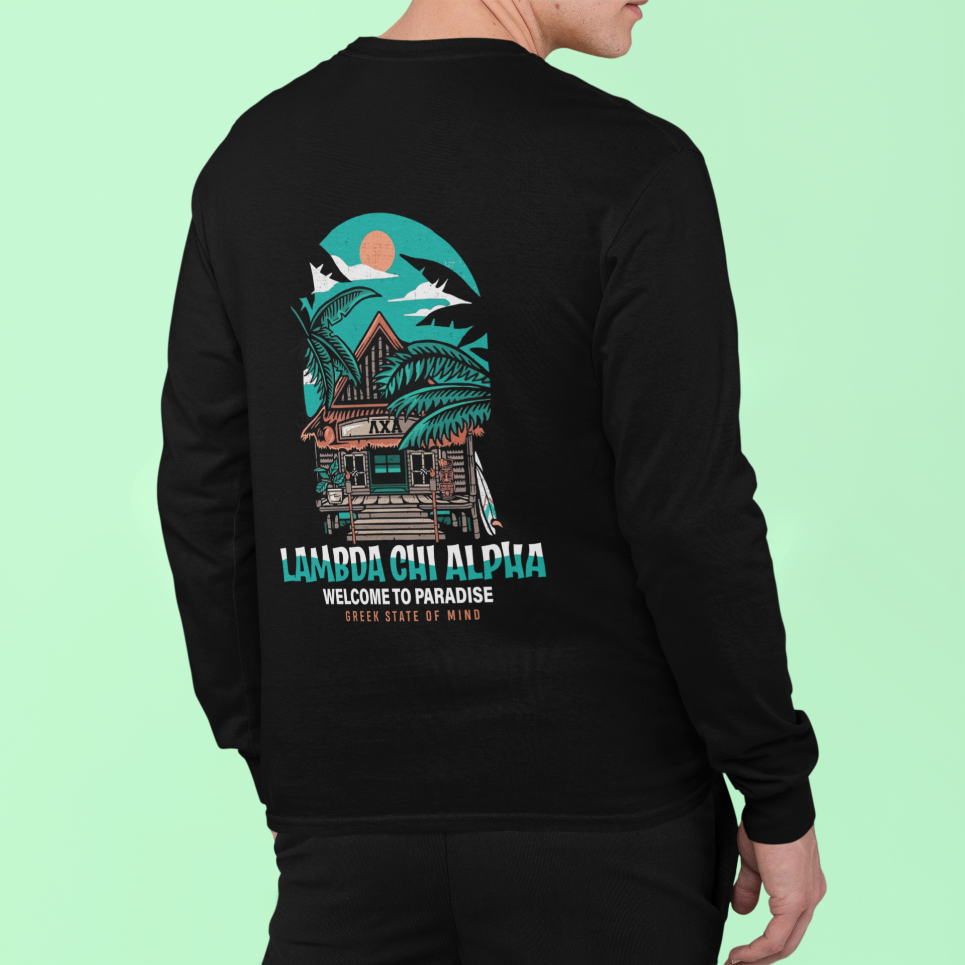 Black Lambda Chi Alpha Graphic Long Sleeve T-Shirt | Welcome to Paradise | Lambda Chi Alpha Fraternity Shirt model 