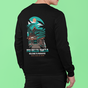 black Phi Delta Theta Graphic Long Sleeve T-Shirt | Welcome to Paradise | phi delta theta fraternity greek apparel model 