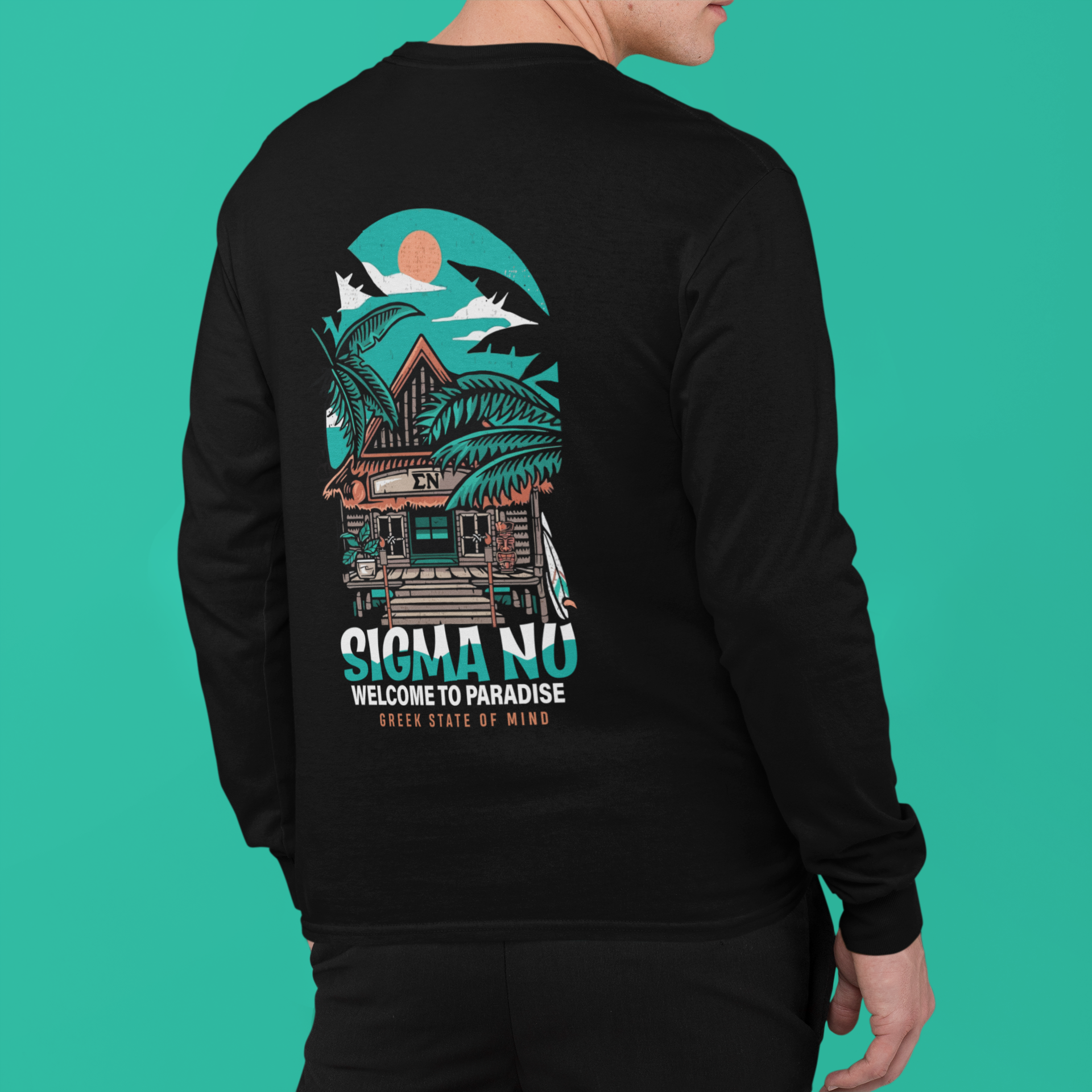 Black Sigma Nu Graphic Long Sleeve T-Shirt | Welcome to Paradise | Sigma Nu Clothing, Apparel and Merchandise model 