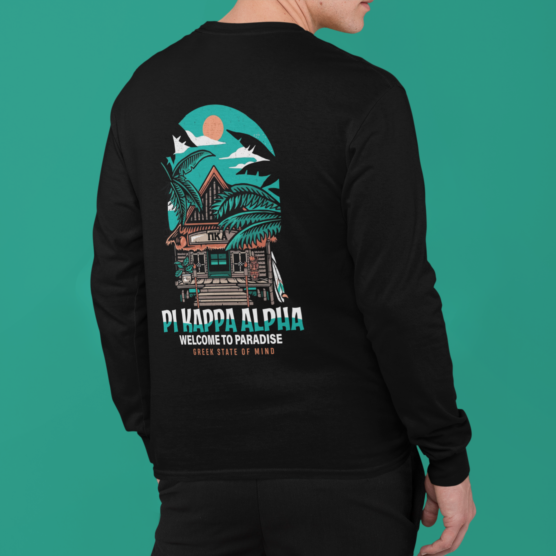 Pi Kappa Alpha Graphic Long Sleeve T-Shirt | Welcome to Paradise | Pi kappa alpha fraternity shirt back model 