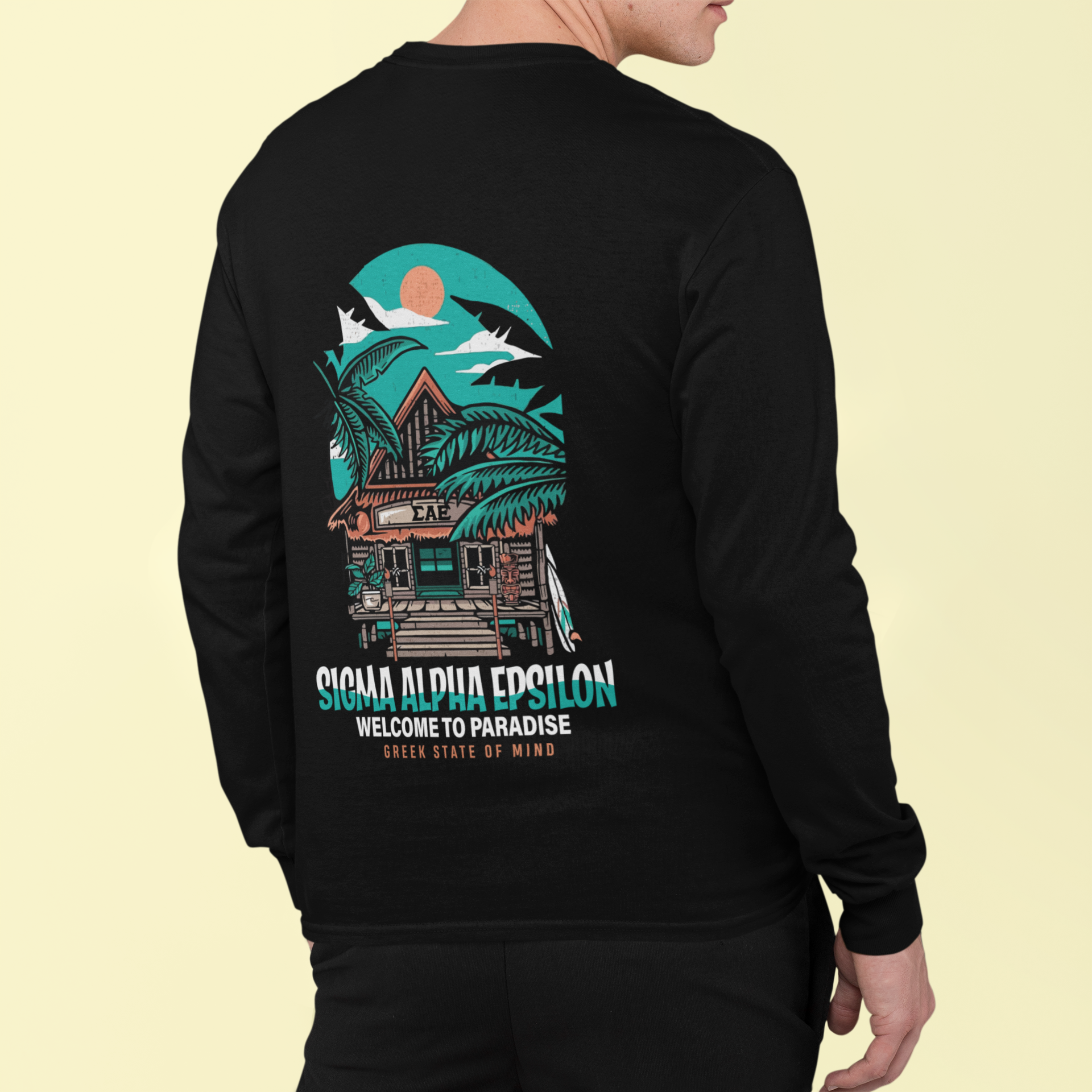 Sigma Alpha Epsilon Graphic Long Sleeve T-Shirt | Welcome to Paradise | Sigma Alpha Epsilon Clothing and Merchandise back model 