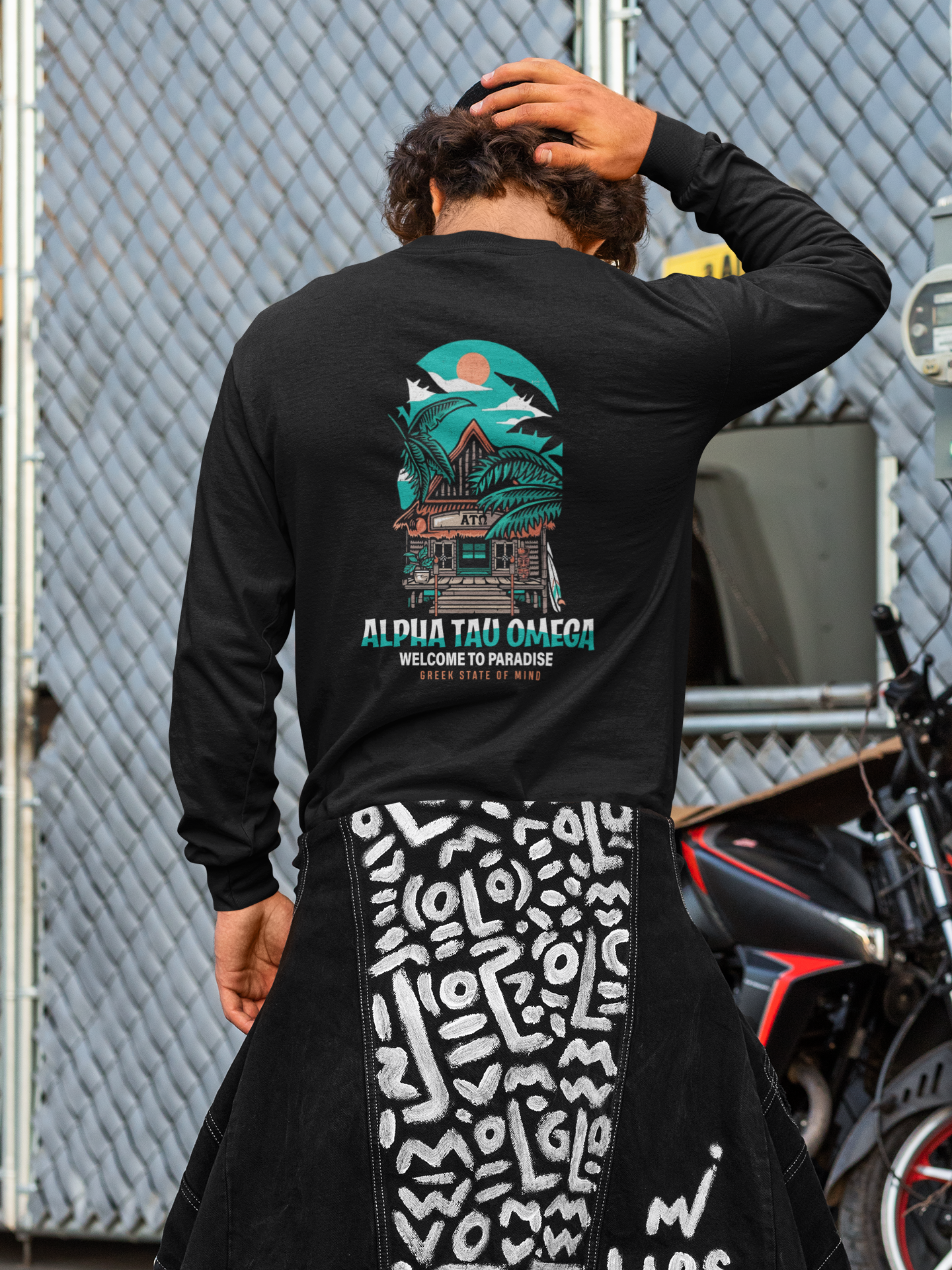 black Alpha Tau Omega Graphic Long Sleeve T-Shirt | Welcome to Paradise | Alpha Tau Omega Apparel model 