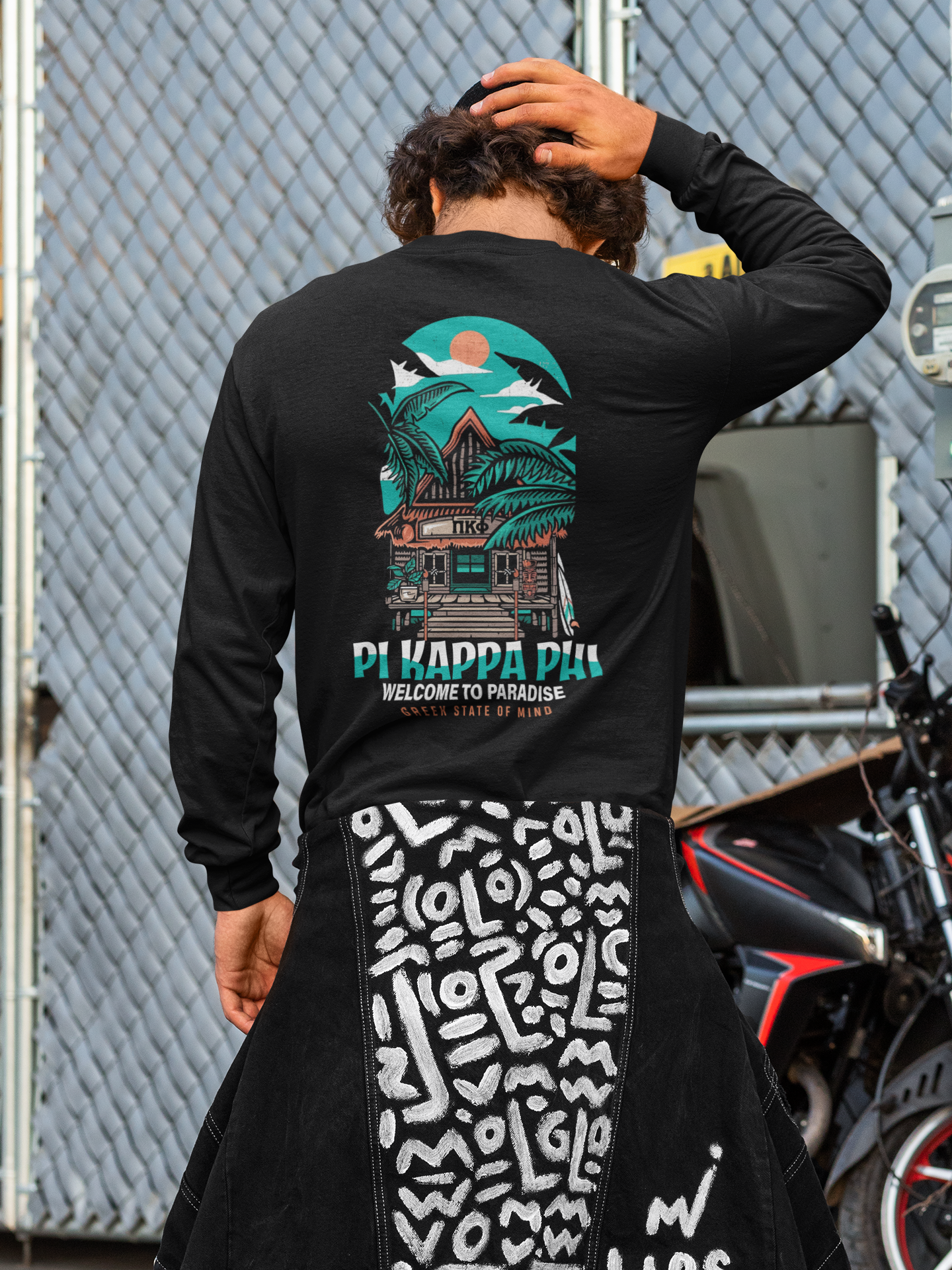 Pi Kappa Phi Graphic Long Sleeve T-Shirt | Welcome to Paradise | Pi Kappa Phi Apparel and Merchandise model 