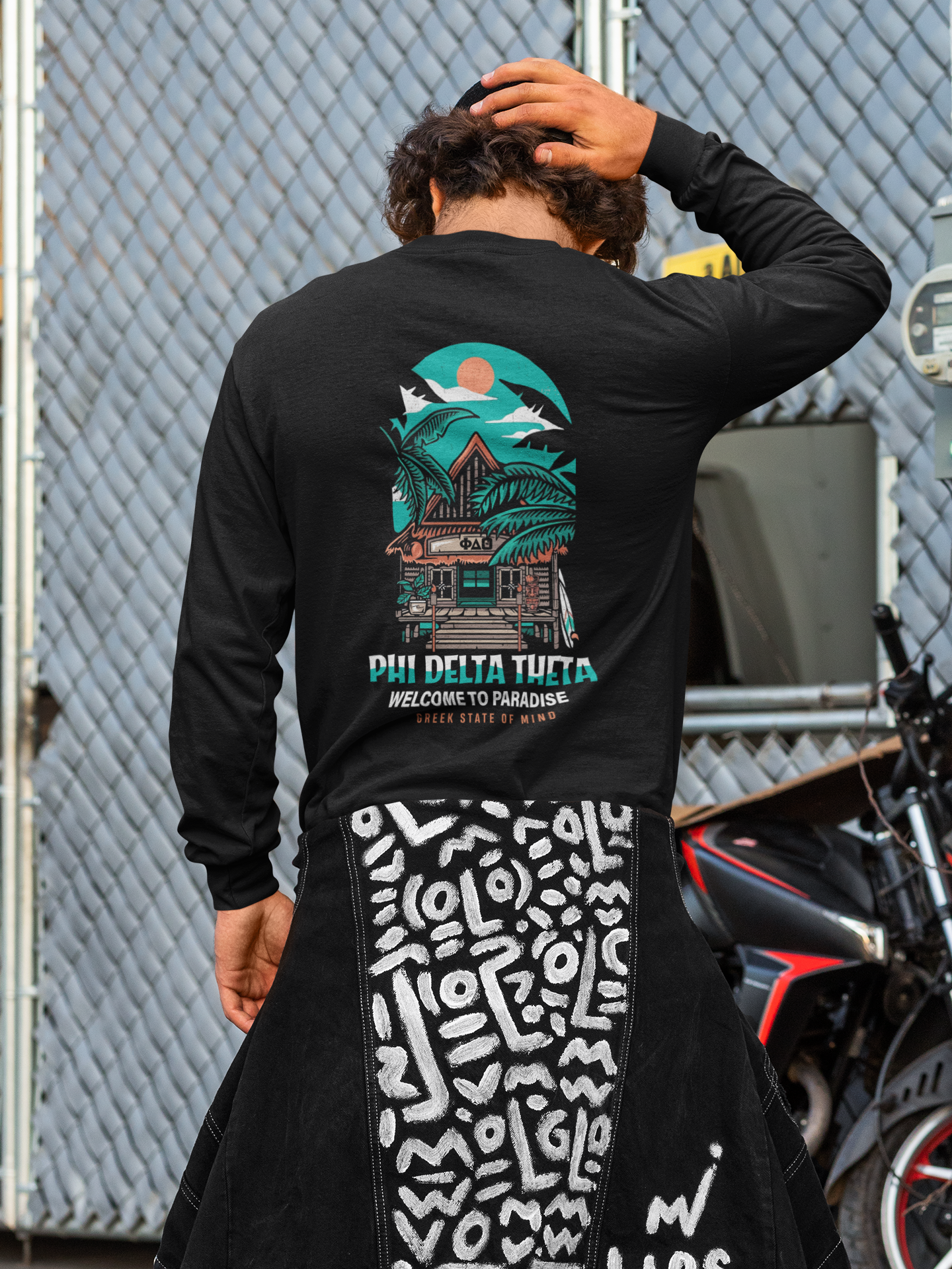 Phi Delta Theta Graphic Long Sleeve T-Shirt | Welcome to Paradise | phi delta theta fraternity greek apparel model 