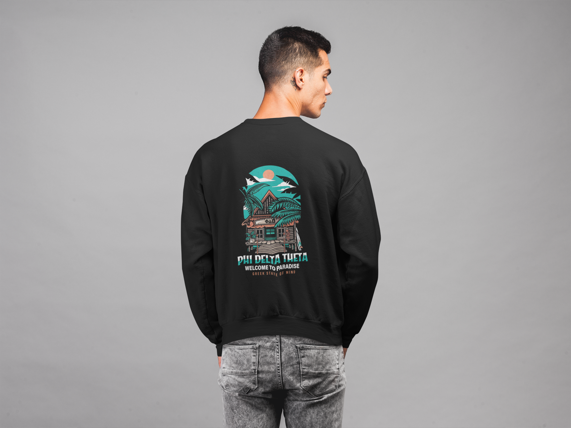 black Phi Delta Theta Graphic Crewneck Sweatshirt | Welcome to Paradise | phi delta theta fraternity greek apparel model 