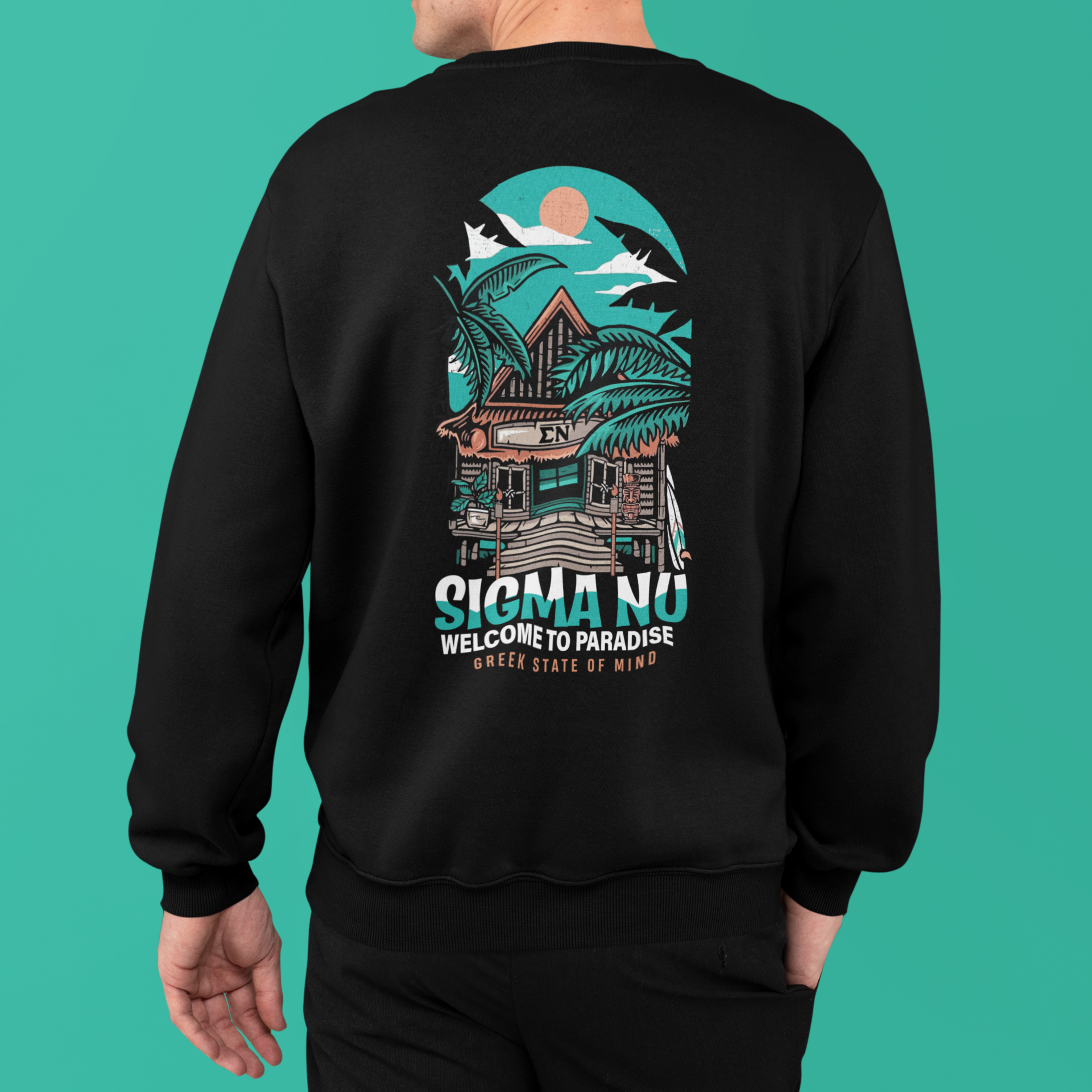 Sigma Nu Graphic Crewneck Sweatshirt | Welcome to Paradise | Sigma Nu Clothing, Apparel and Merchandise back model 