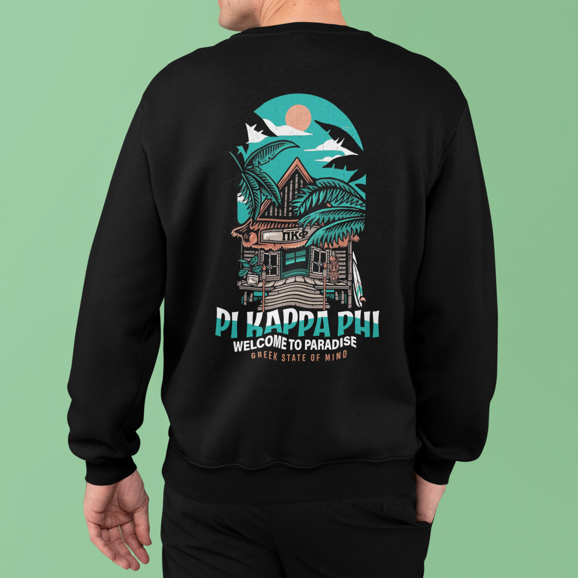 Black Pi Kappa Phi Graphic Crewneck Sweatshirt | Welcome to Paradise | Pi Kappa Phi Apparel and Merchandise model 