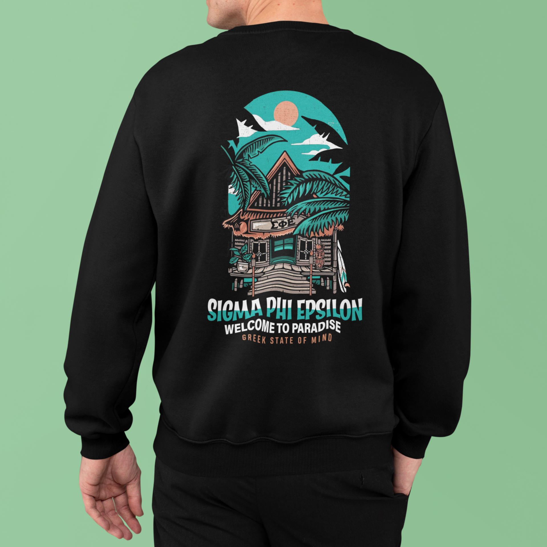 Sigma Phi Epsilon Graphic Crewneck Sweatshirt | Welcome to Paradise |  SigEp Fraternity Clothes and Merchandise back model 