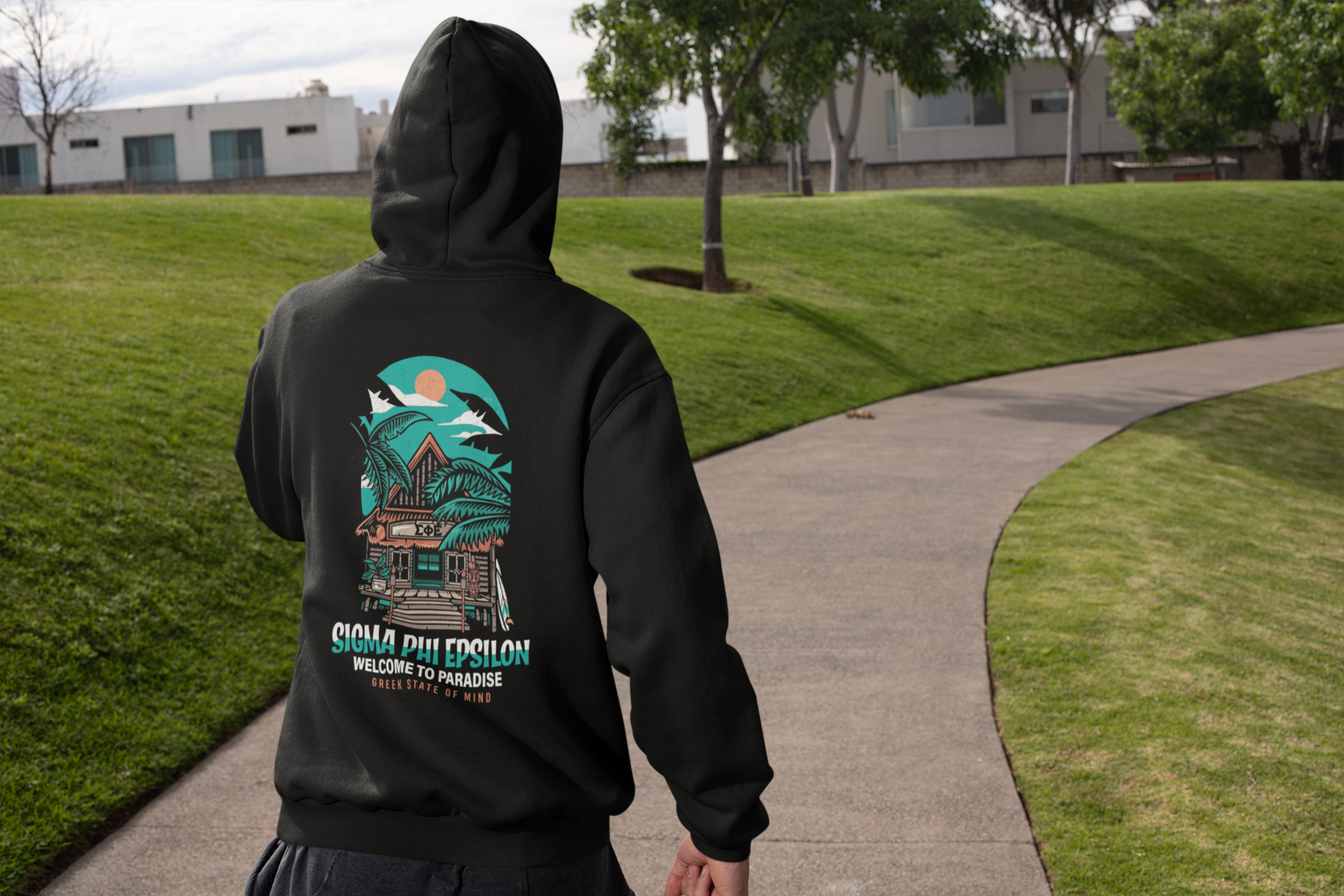 Black Sigma Phi Epsilon Graphic Hoodie | Welcome to Paradise | SigEp Fraternity Clothes and Merchandise  model 