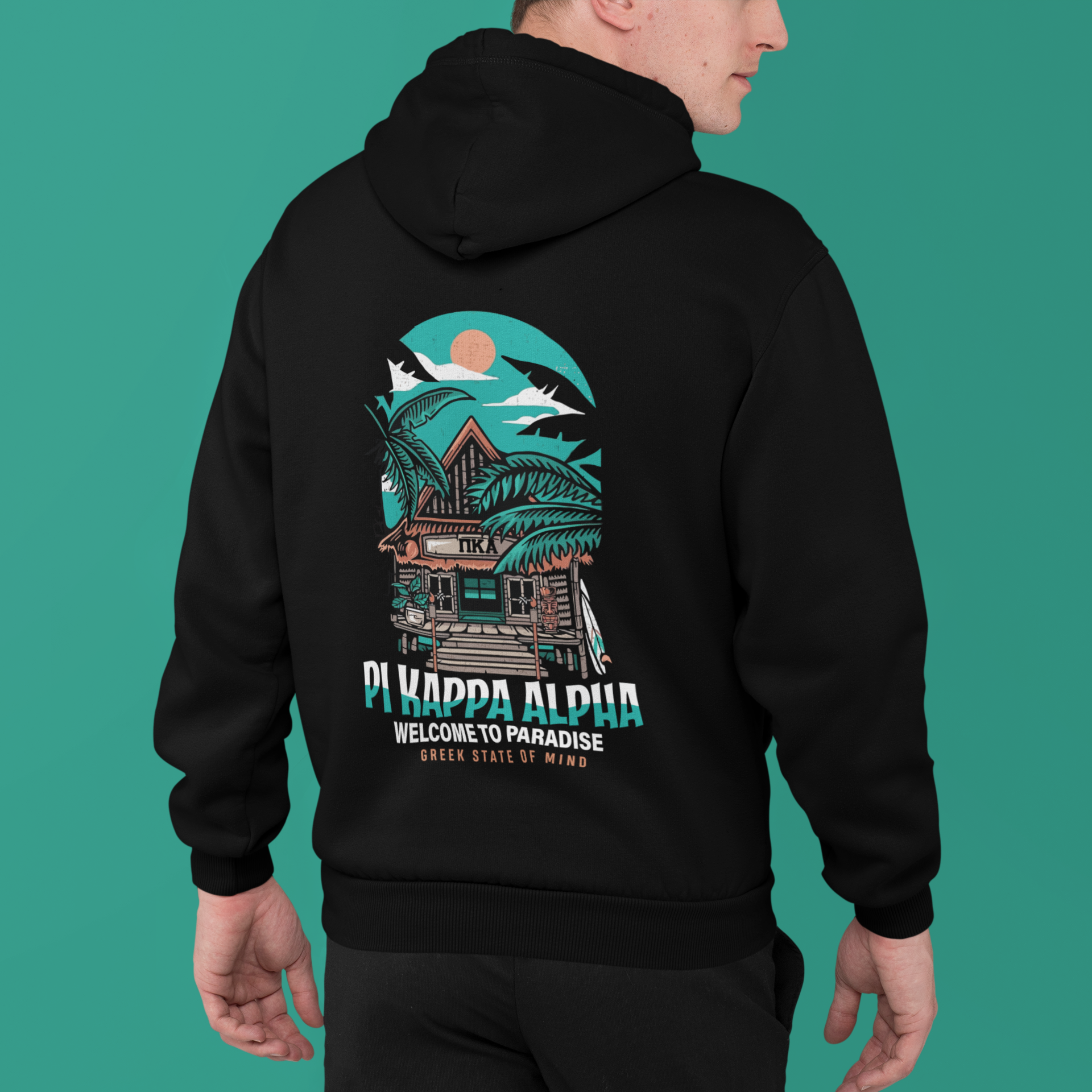 black Pi Kappa Alpha Graphic Hoodie | Welcome to Paradise | Pi kappa alpha fraternity shirt model 