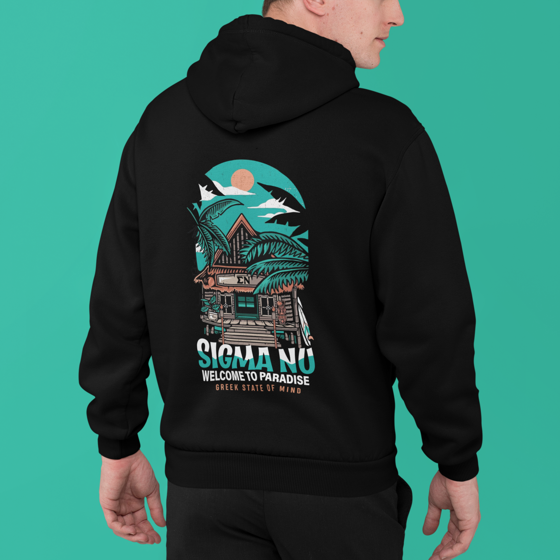 Black Sigma Nu Graphic Hoodie | Welcome to Paradise | Sigma Nu Clothing, Apparel and Merchandise model 