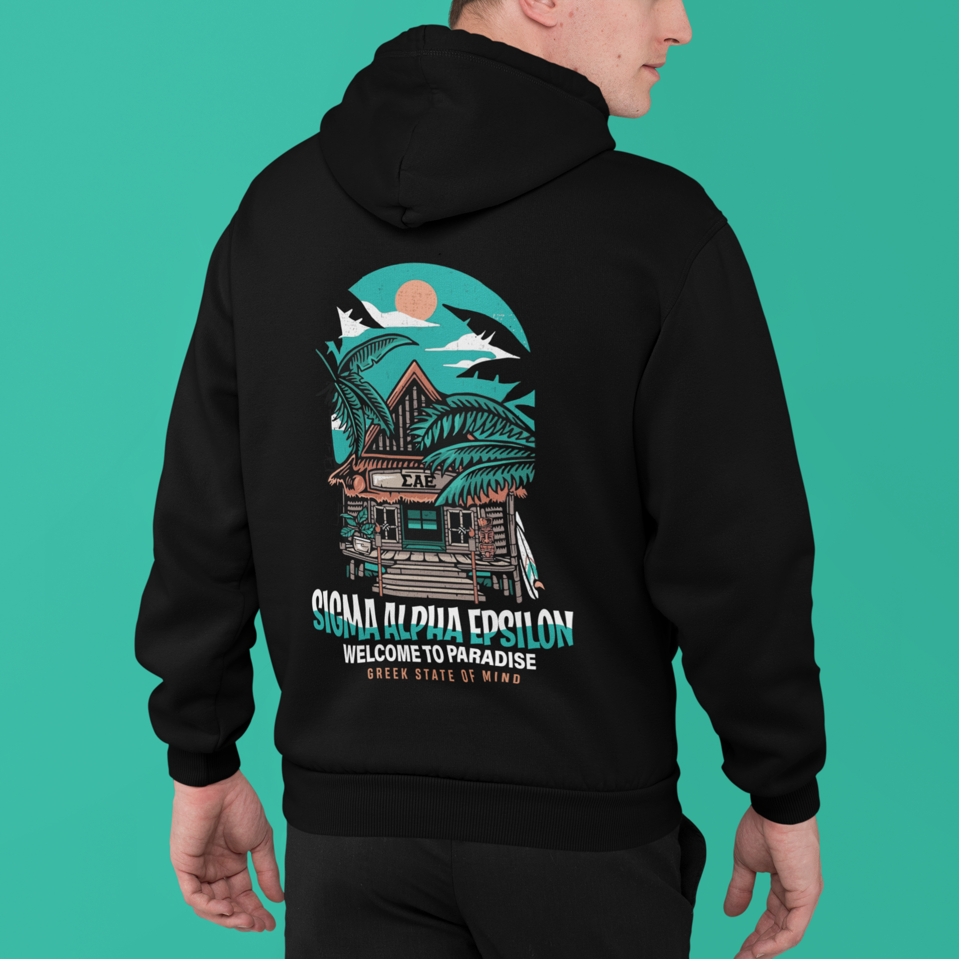 Black Sigma Alpha Epsilon Graphic Hoodie | Welcome to Paradise | Sigma Alpha Epsilon Clothing and Merchandise model 