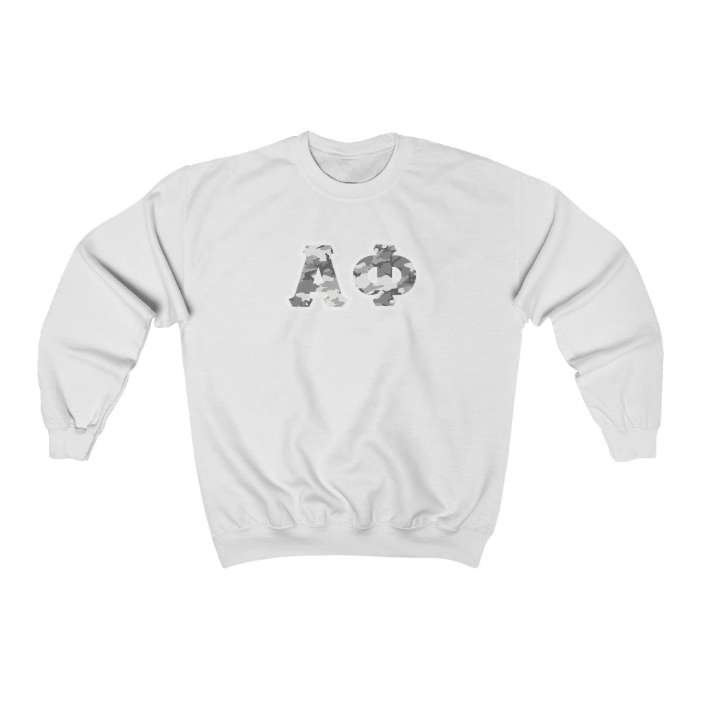 Alpha Phi Printed Letters | Winter Camo Crewneck