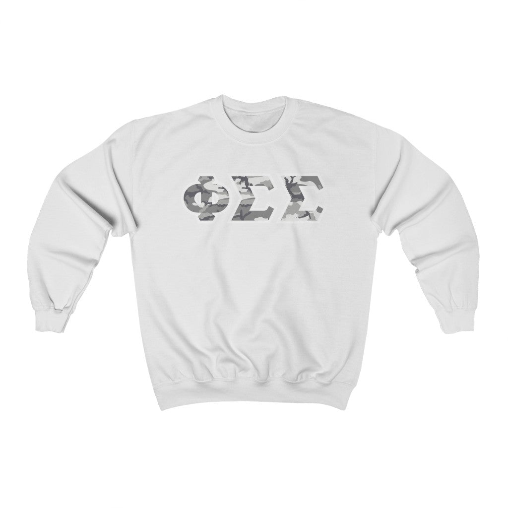 Phi Sigma Sigma Printed Letters | Winter Camo Crewneck
