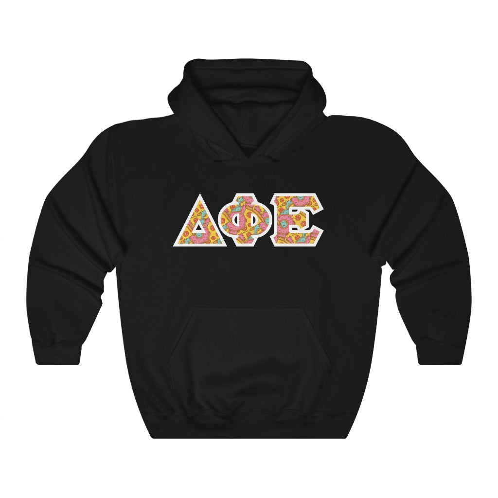 Delta Phi Epsilon Printed Letters | Pizza and Donuts Hoodie
