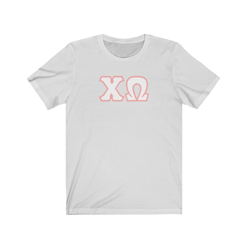 Chi Omega Printed Letters | White with Pink Border T-Shirt