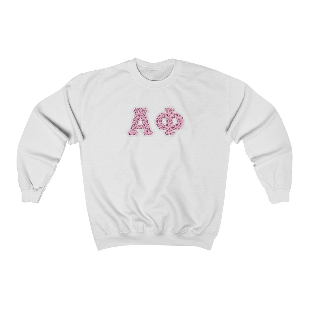 Alpha Phi Printed Letters | Pink Leopard Crewneck