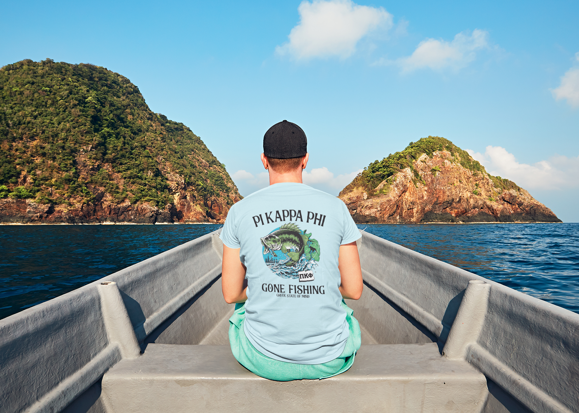 white Pi Kappa Phi Graphic T-Shirt | Gone Fishing | Pi Kappa Phi Apparel and Merchandise model 