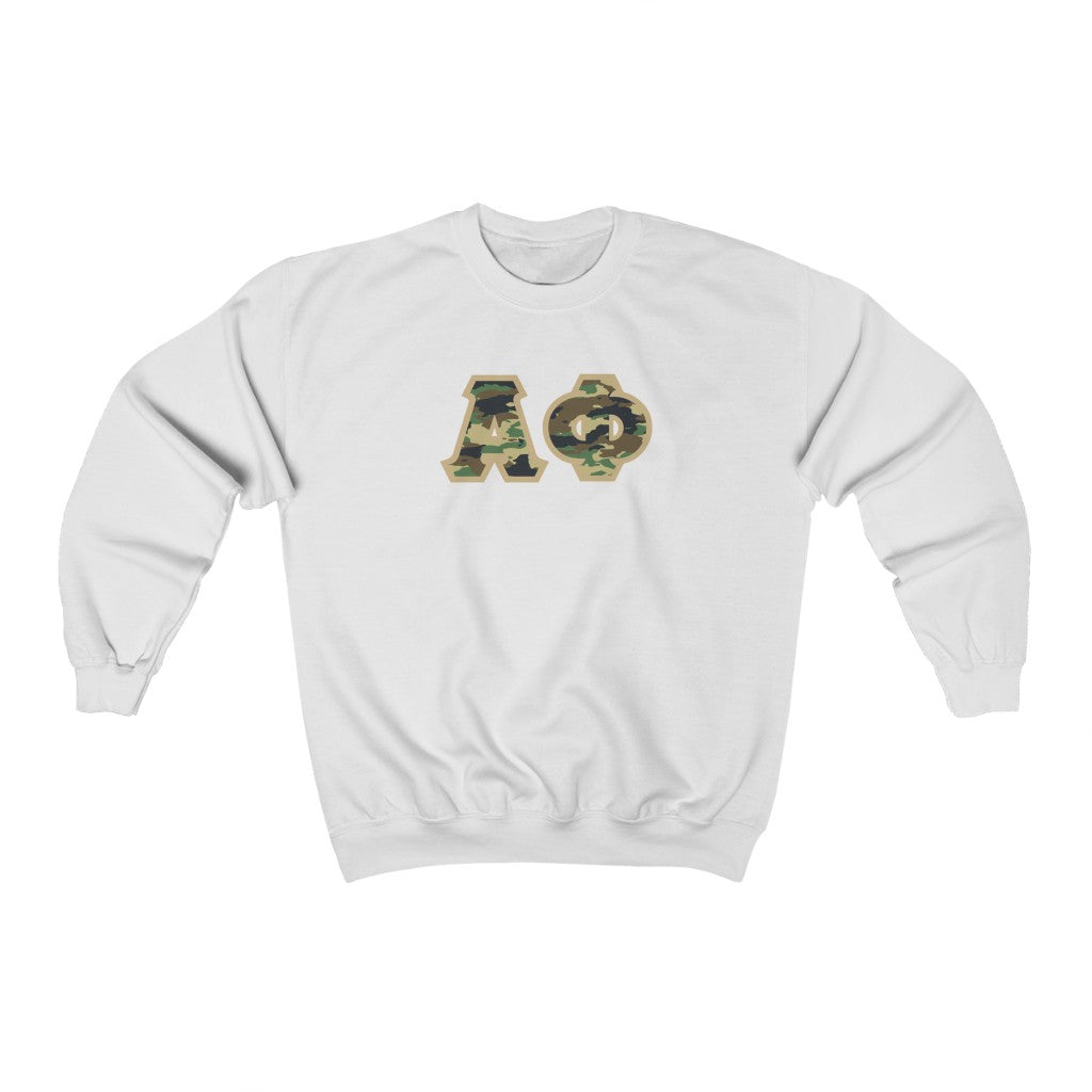 Alpha Phi Printed Letters | Camouflage Crewneck