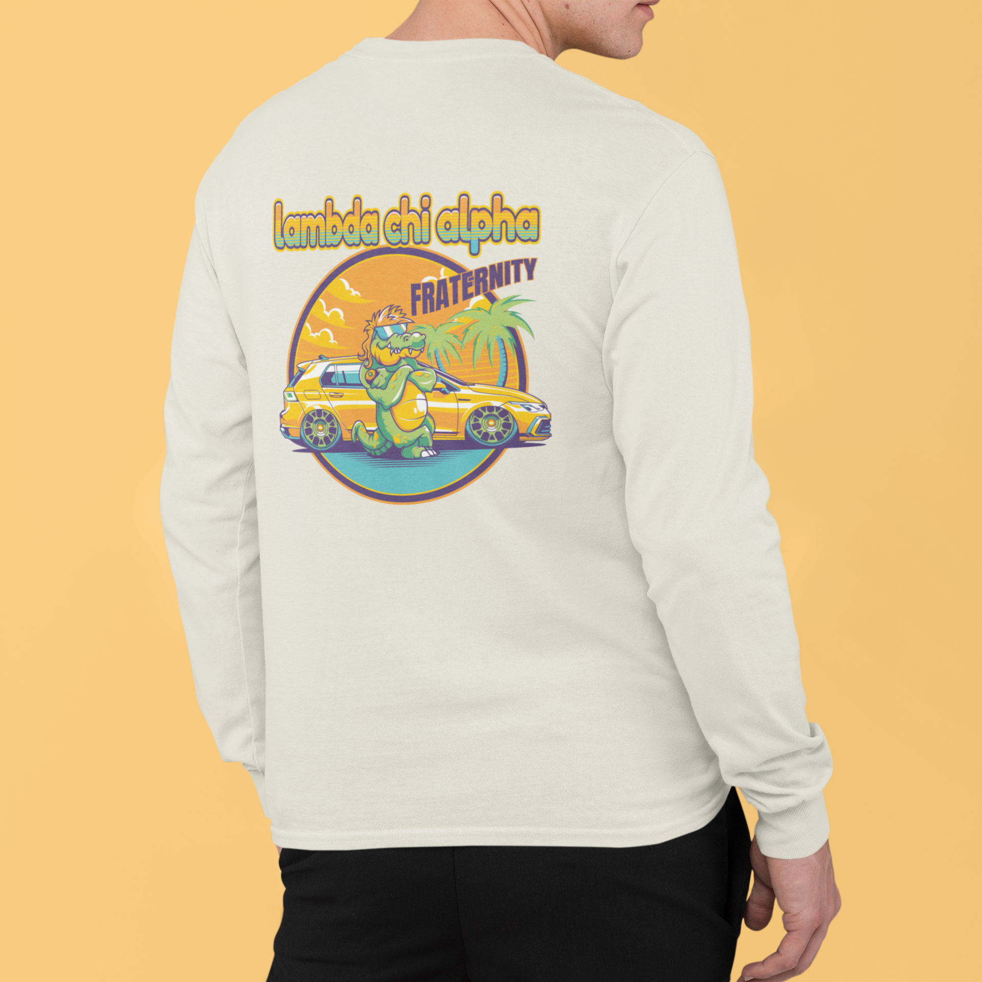 white Lambda Chi Alpha Graphic Long Sleeve | Cool Croc | Lambda Chi Alpha Fraternity Apparel model 