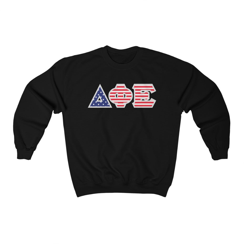 Delta Phi Epsilon Printed Letters | American Flag Pattern Crewneck