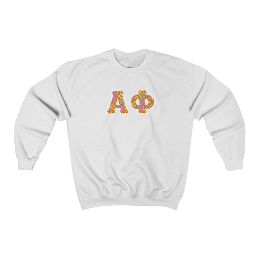 Alpha Phi Printed Letters | Pizza and Donuts Crewneck