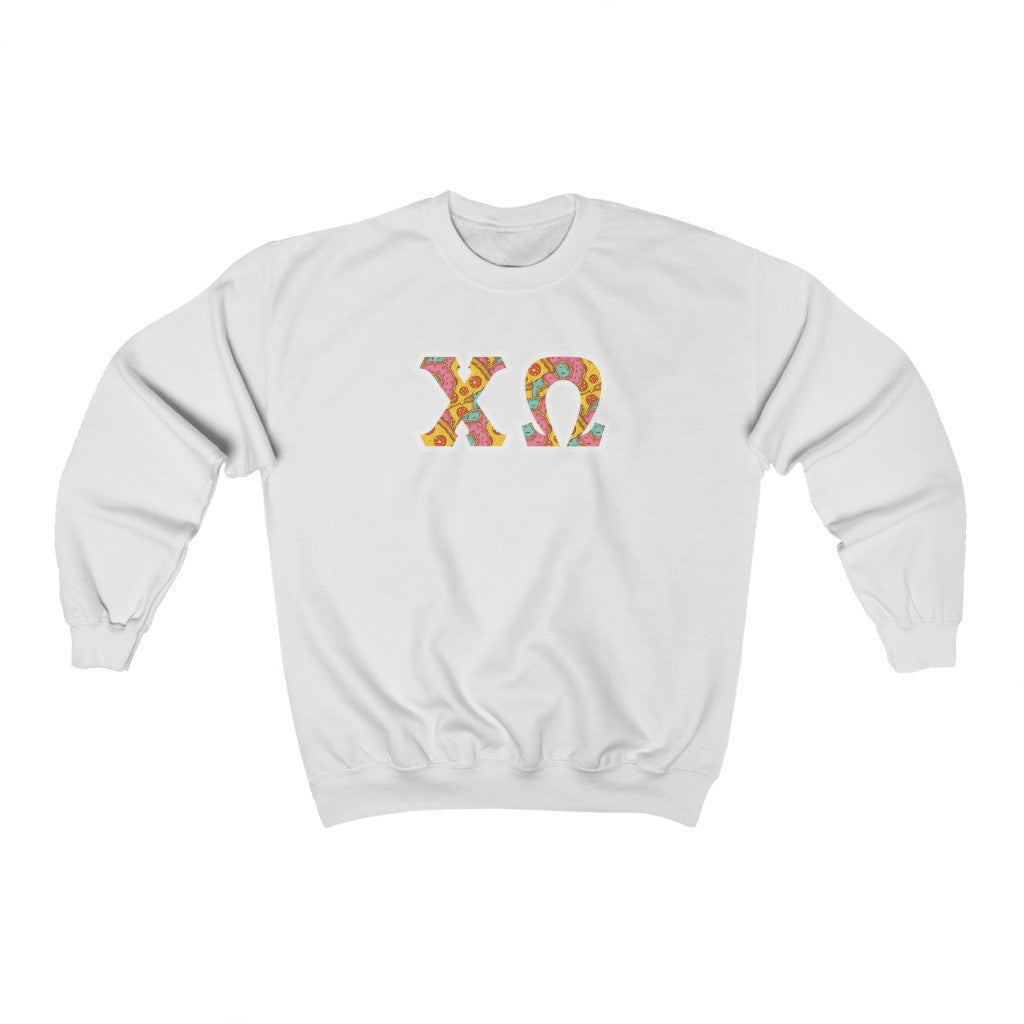 Chi Omega Printed Letters | Pizza and Donuts Crewneck