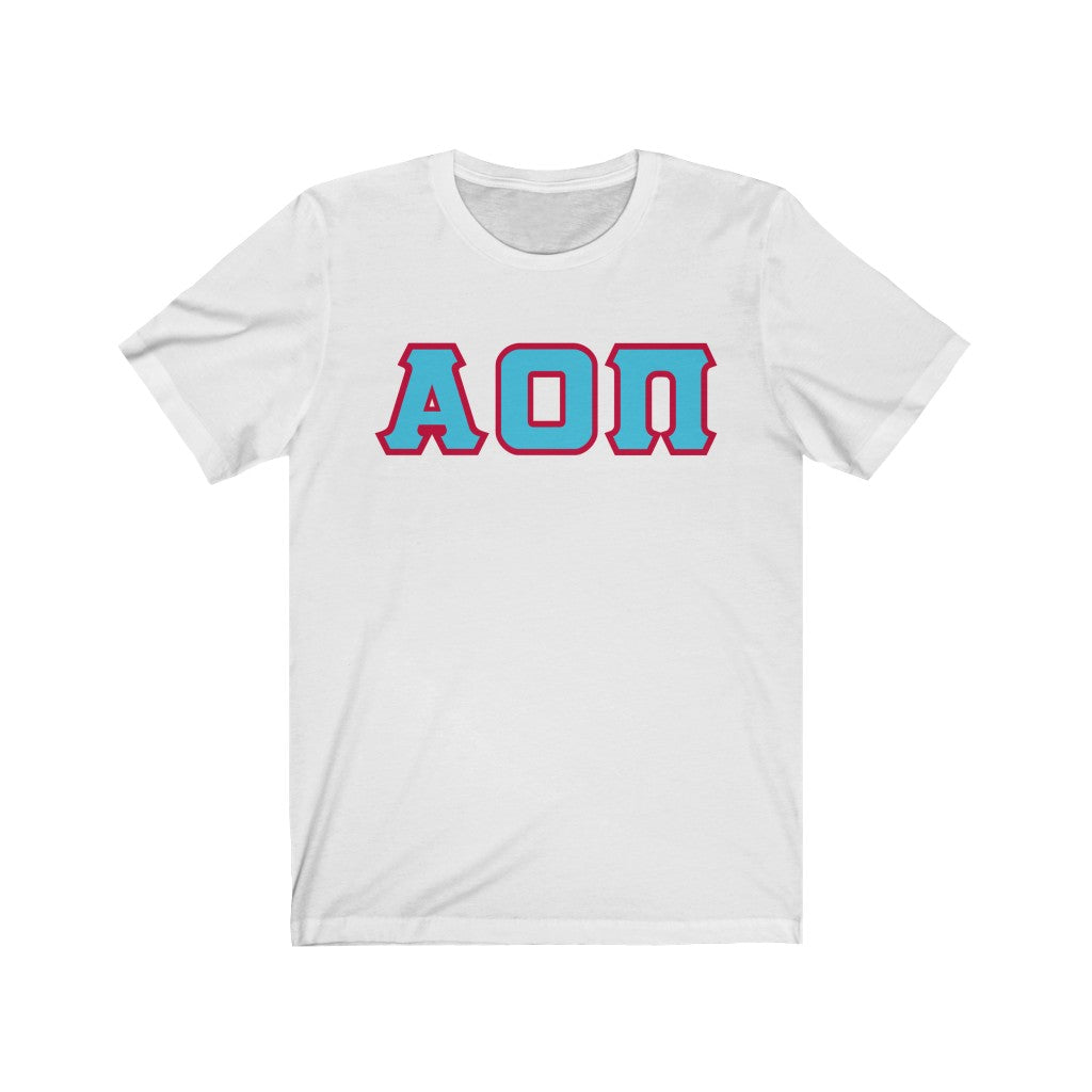 Alpha Omicron Pi Printed Letters | Cyan with Red Border T-Shirt